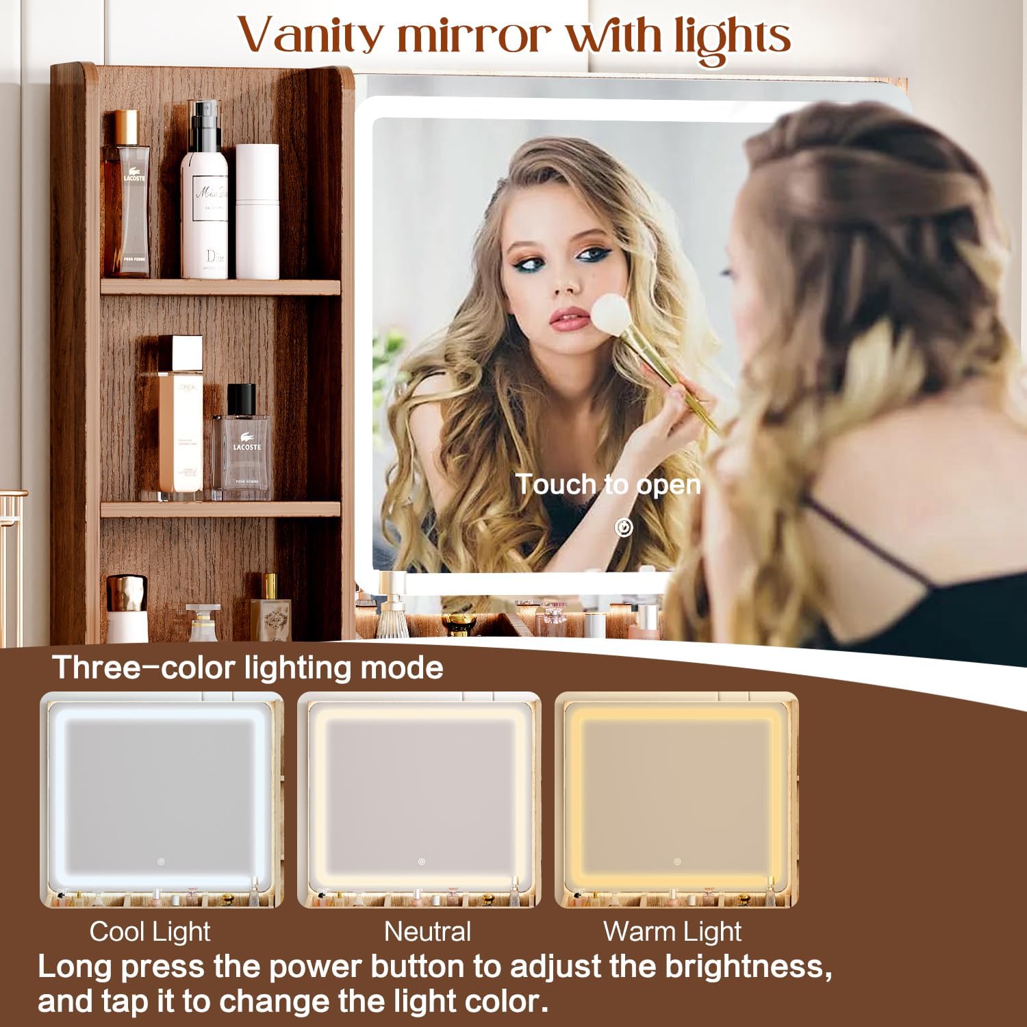 Large Vanity Desk with 3 Color Touch Screen Dimming Mirror, Vanity Desk with Charging Station, Modern Retractable Makeup Dressing Table, Makeup Table With storage shelves and 5 Sliding Drawers, Walnut