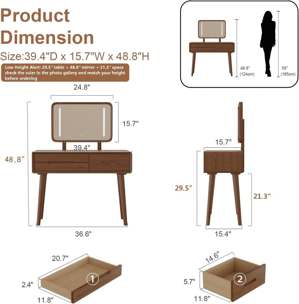 Solid Wood Vanity with Mirror and Lights, Adjustable Brightness, Wood Makeup Vanity with 3 Drawers, Semi-Assembled, Vanity Desk for Bedroom (Walnut)