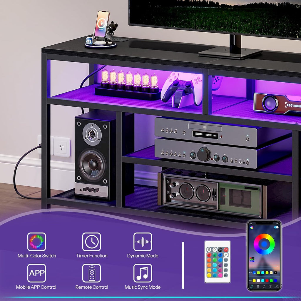 HOOBRO LED TV Stand with Charging Station, 4-Tier Entertainment Gaming Center, Modern Media Console Table, Open Shelves, 55.1"L x 13.8"W x 26.2"H, for TVs up to 65", for Living Room, Black BB47UDDS01