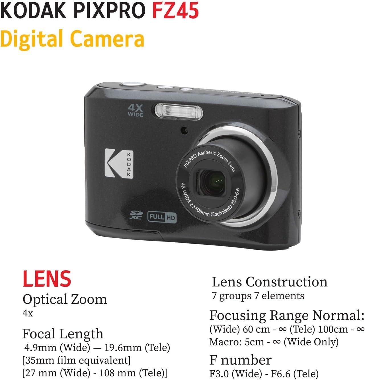 Kodak PIXPRO FZ45 Digital Camera Bundle with Black Point & Shoot Camera Case + Transcend 64GB SD Memory Card + Tri-fold Memory Card Wallet + Hi-Speed SD USB Card Reader + More (Black)