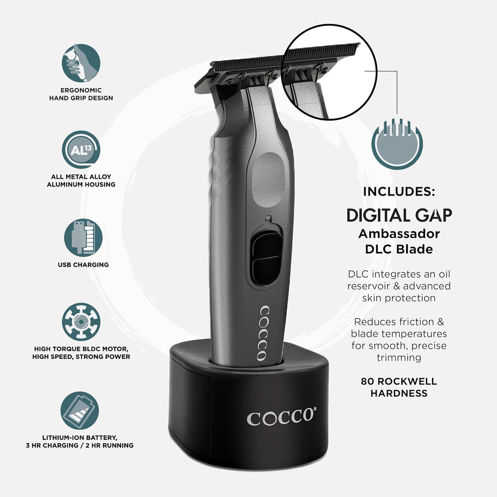 Cocco Veloce Pro Trimmer, Digital Gap Ambassador DLC Blade Edger, High-Torque Brushless BLDC Motor, Cordless, All-Metal Design, Lithium-Ion Battery, Charging Base Included,