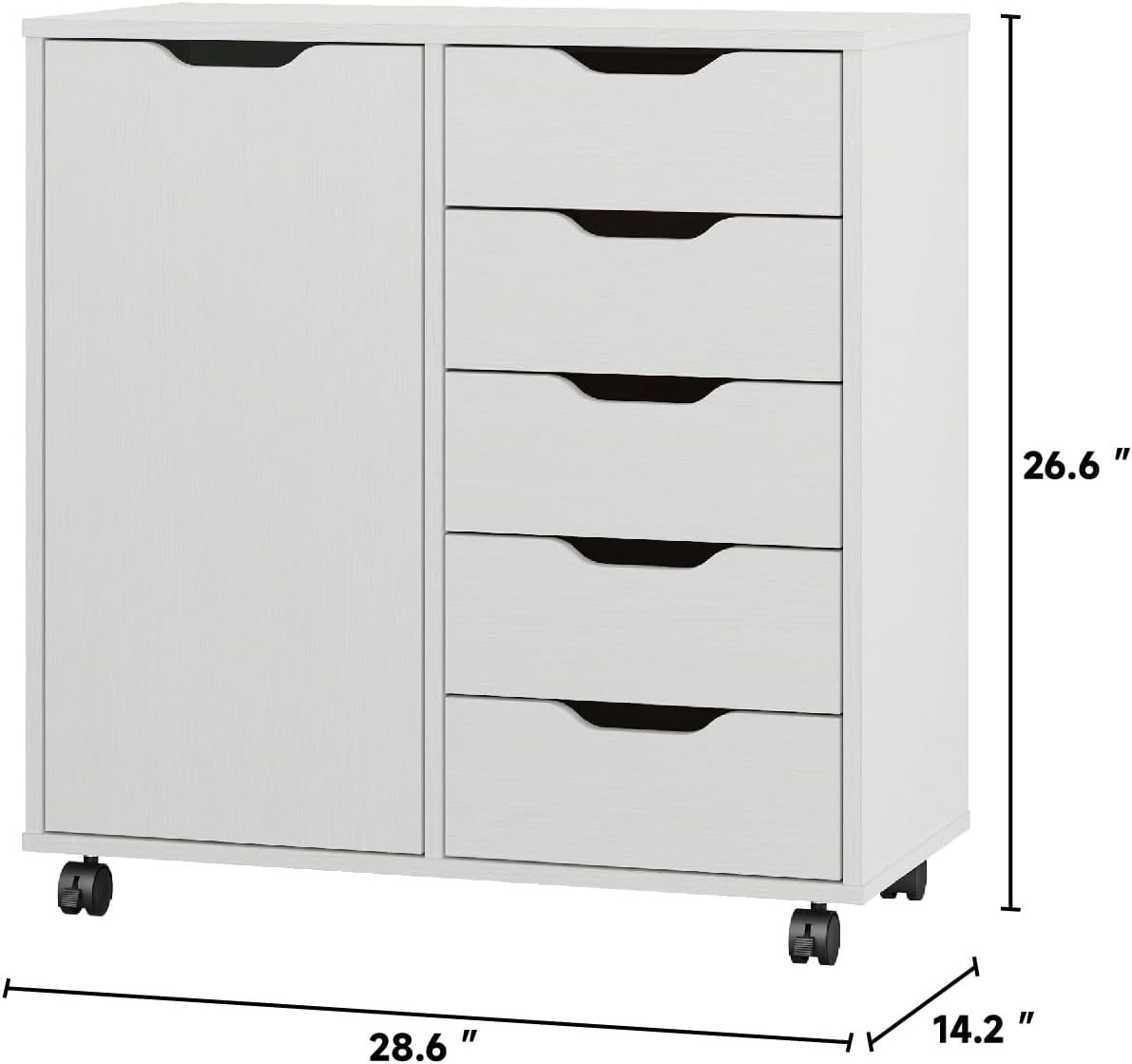 Panana 5-Drawer Chest with 1 Door, Wooden Chest of Drawers Storage Dresser Cabinet with Wheels, Office Organization and Storage, Bedroom Furniture (White-S)