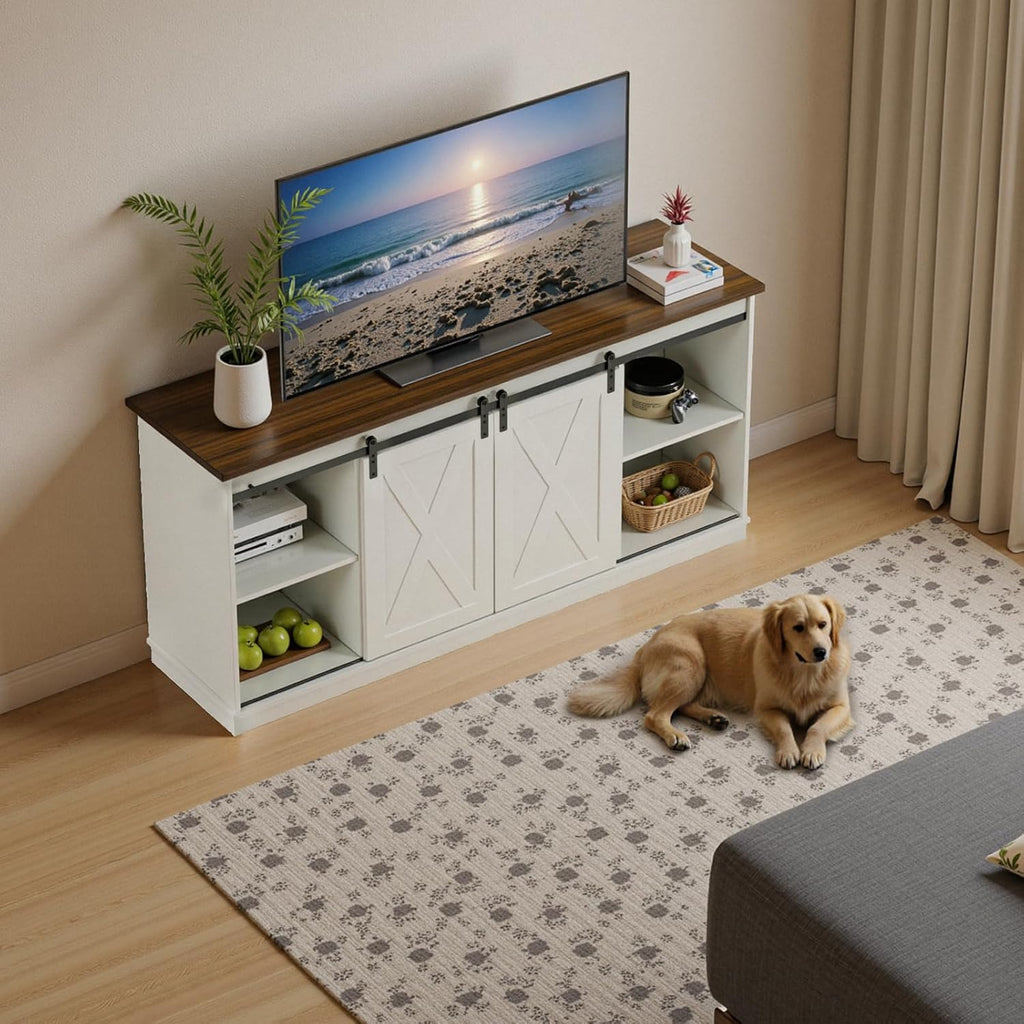 DUMOS TV Stand for 65 Inch TV, Entertainment Center with Storage Shelves, Mid Century Modern Media TV Console Table for Bedroom Living Room, Office Furniture, White