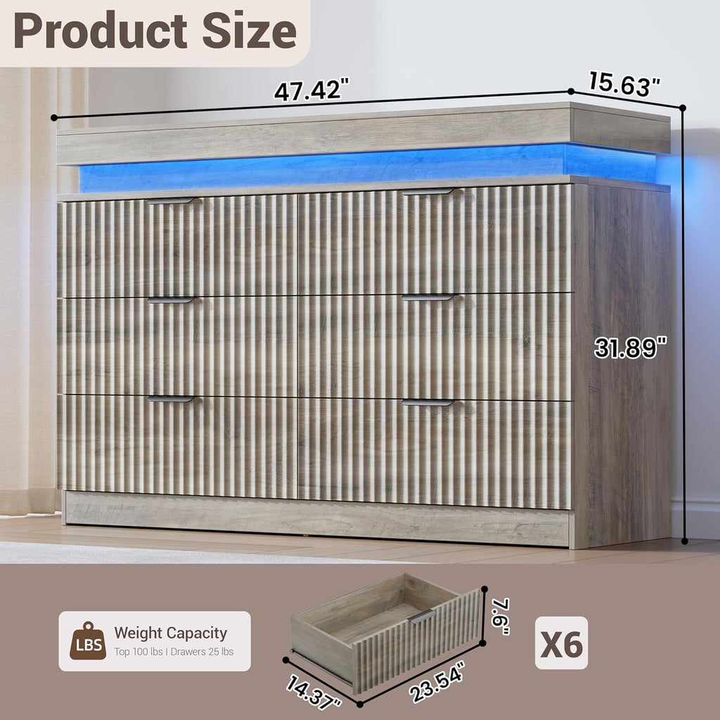Dresser for Bedroom with RGB LED Lights and Charging Station, 6 Drawers Wooden Chest of Drawers, 47.2" Wide Fluted TV Stand, Closet Clothes Storage Organizer for Living Room, Hallway, Grey