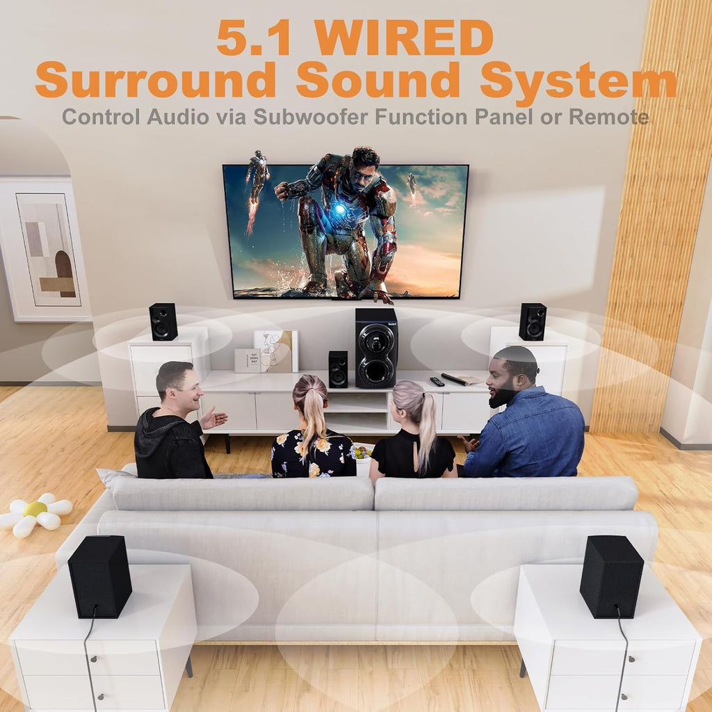 Bobtot Surround Sound Systems 1400 Watts Peak Power Home Theater Speakers - 12" Subwoofer Strong Bass 5.1 Wired Loud Stereo Audio System with ARC Optical Bluetooth Input for TV