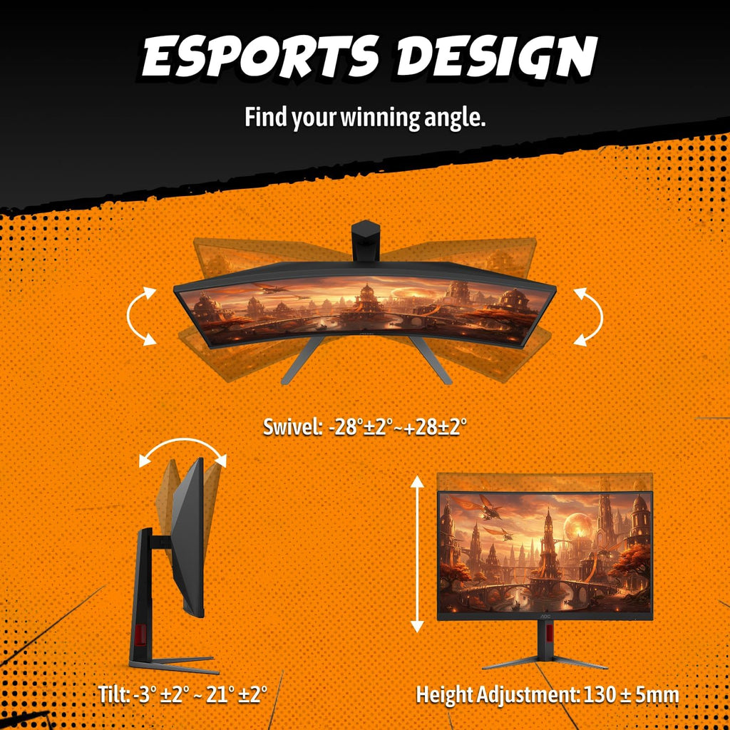 AOC 27" Curved Gaming Monitor, FHD 1080p, 280Hz (DP) 240Hz (HDMI), 0.3ms MPRT, VA Panel 1500R, AMD FreeSync Premium, HDR Ready, Height Adjustable, DisplayPort HDMI C27G4ZH