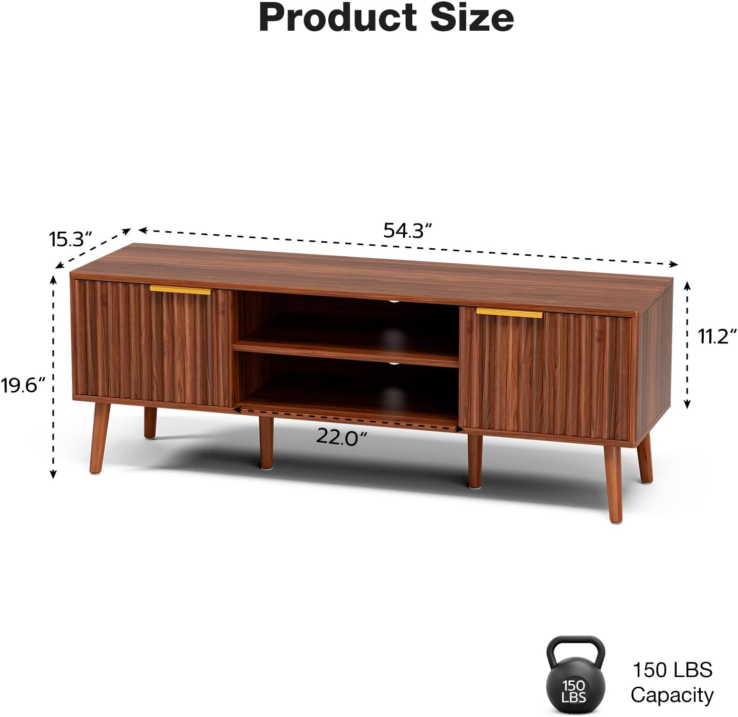 LCRBOL TV Stand for Living Room, Mid Century Modern Entertainment Center for 55/60 inch TVs, TV Console with Fluted Door Cabinets and Open Shelves, for Bedroom, Walnut