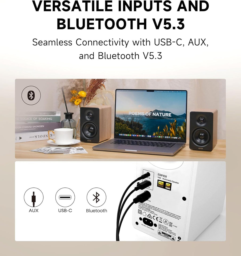 Edifier M60 Multimedia Speaker Bluetooth 5.3, 66W RMS, Hi-Res Audio & Hi-Res Wireless Audio, LDAC,3" Mid Bass & 1" Tweeter, USB-C & Aux Inputs, Compact Desktop Speaker – Classic Oak (Renewed)