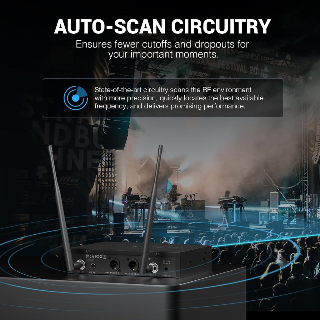 Phenyx Pro Dual UHF Wireless Microphone System .Auto-Scan Cordless Mic Set w/ 2x100 Frequencies, 2 Bodypacks & Headsets/Lapel Microphones for Speaking, Singing, Church, DJ (PTU-71-2B)