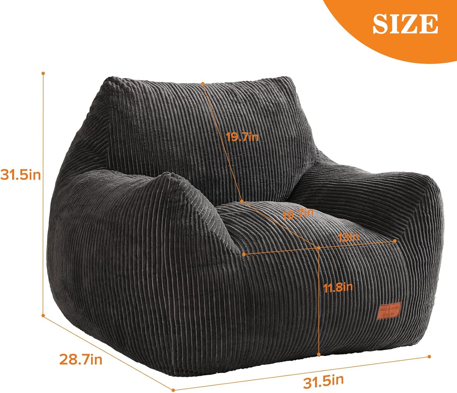 Big Bean Bag Chair for Adults, Ultra Soft Living Room Bean Bag with Armrests, Stuffed BeanBag Chair for Napping, Gaming, Vacuum-Compressed for Easy Gifting, 48 Hours to Fluffs Up, Dark Gray