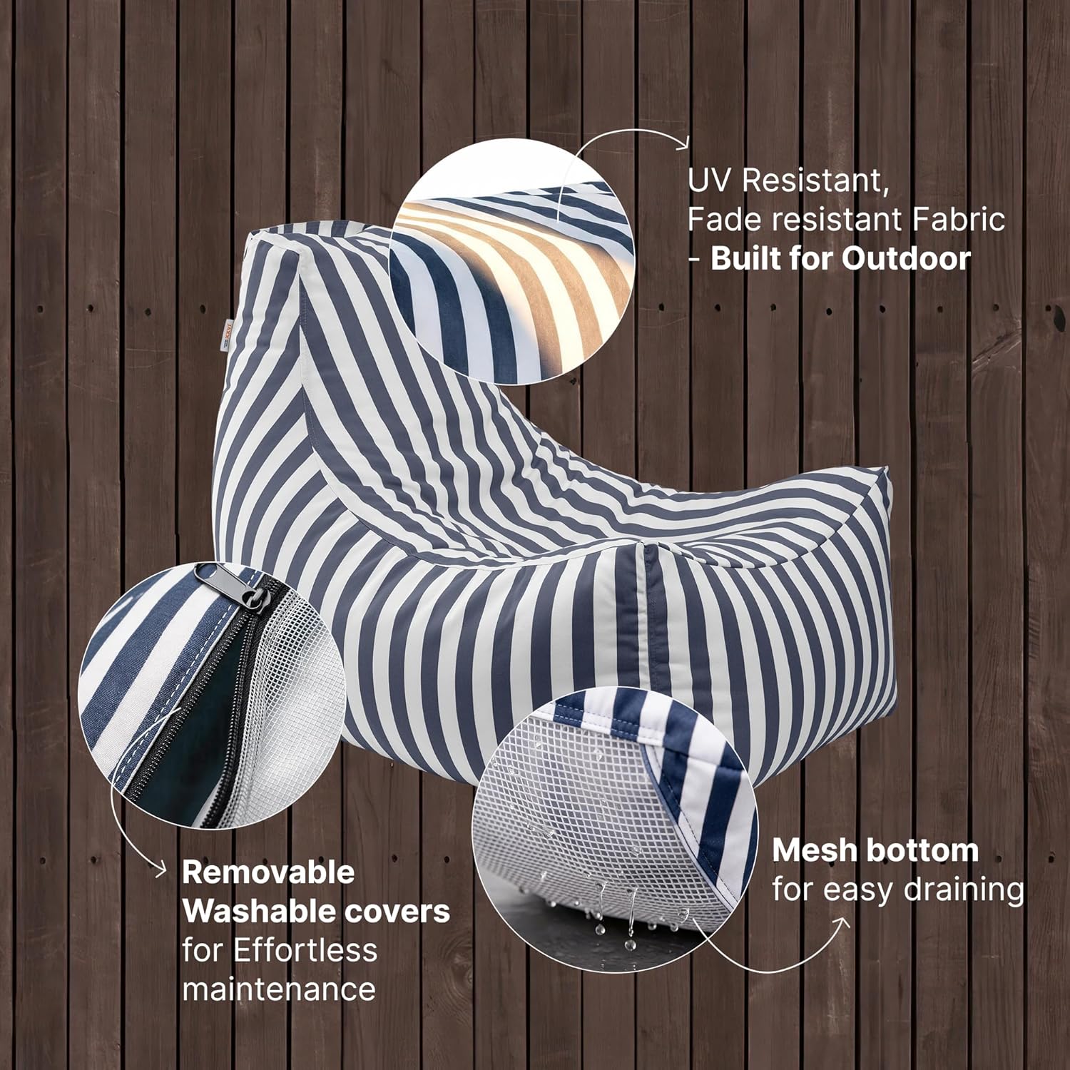 Jaxx Juniper Outdoor Bean Bag Patio Chair & Poolside Lounge, Navy Striped