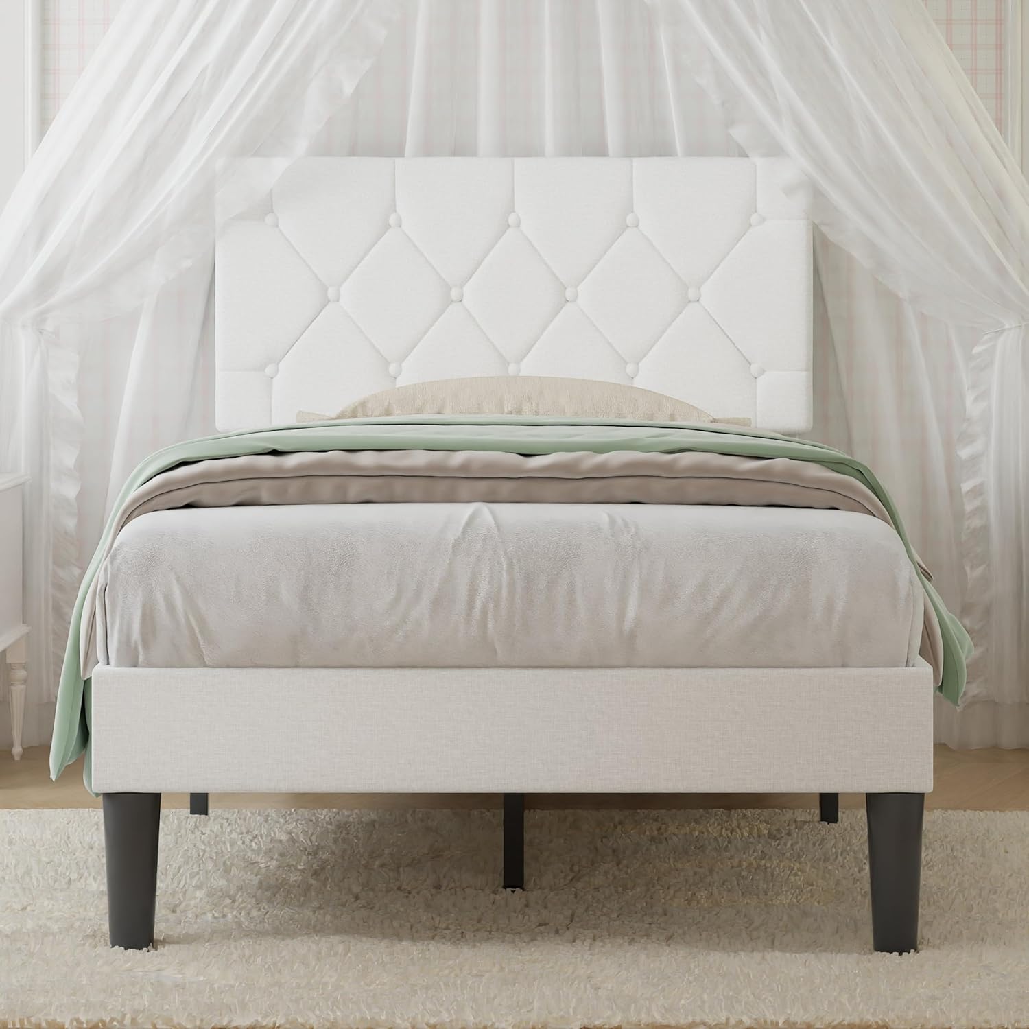 VECELO Twin Size Bed Frame with Button Tufted Headboard, Upholstered Platform Bedframe with Wood Slat Support, No Box Spring Needed, White