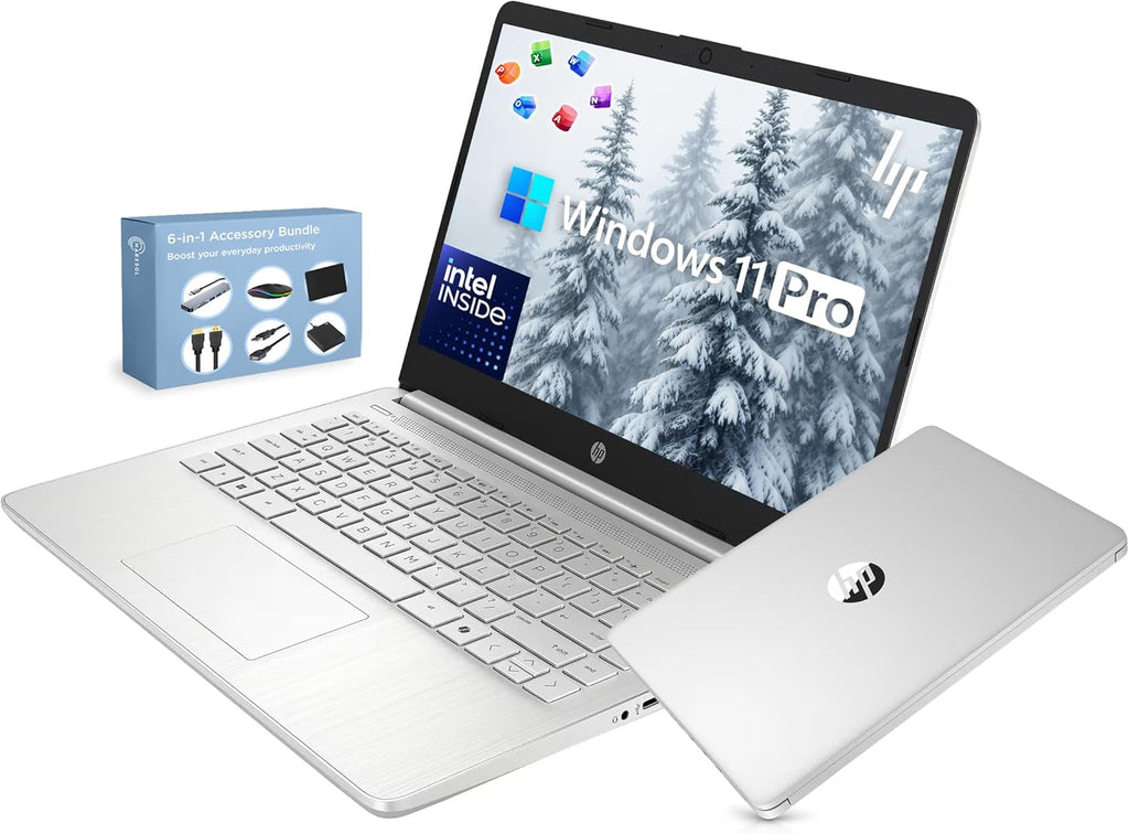 HP 14” Ultra Light Thin Laptop Computer 2026 Premium, MS Office, Copilot AI, 4-Core Intel CPU, 4GB DDR5 RAM, 628GB Storage (128GB UFS+500GB Ext), Long Battery, MarxsolAccessory, Win 11 Pro, Silver