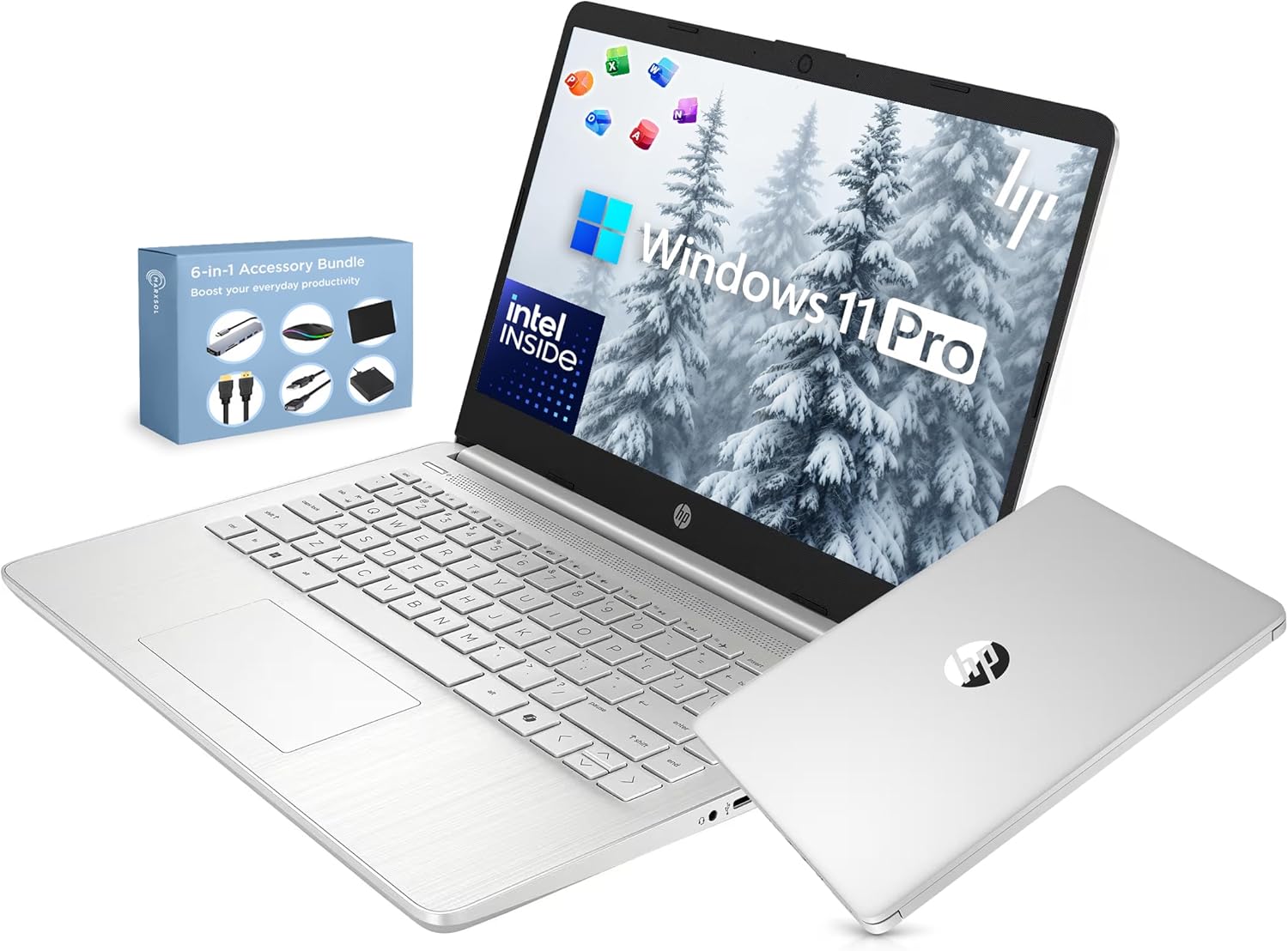 HP 14” Ultra Light Thin Laptop Computer 2026 Premium, MS Office, Copilot AI, 4-Core Intel CPU, 4GB DDR5 RAM, 628GB Storage (128GB UFS+500GB Ext), Long Battery, MarxsolAccessory, Win 11 Pro, Silver