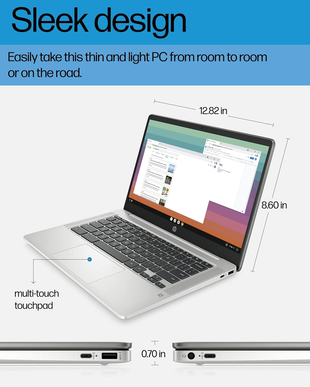 HP Chromebook 14 Laptop, Intel Celeron N4120, 4 GB RAM, 64 GB eMMC, 14" HD Display, Chrome OS, Thin Design, 4K Graphics, Long Battery Life, Ash Gray Keyboard (14a-na0226nr, 2022, Mineral Silver)