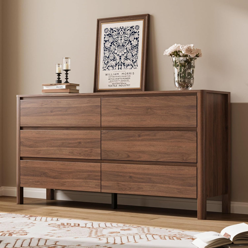 MAISONARIA Walnut 3-Piece Dresser Bedroom Set, 6 Drawers Dresser & 2 Drawer Nightstands with Hidden Handles, Wood Chest of Drawers for Bedroom, Living Room, Entryway