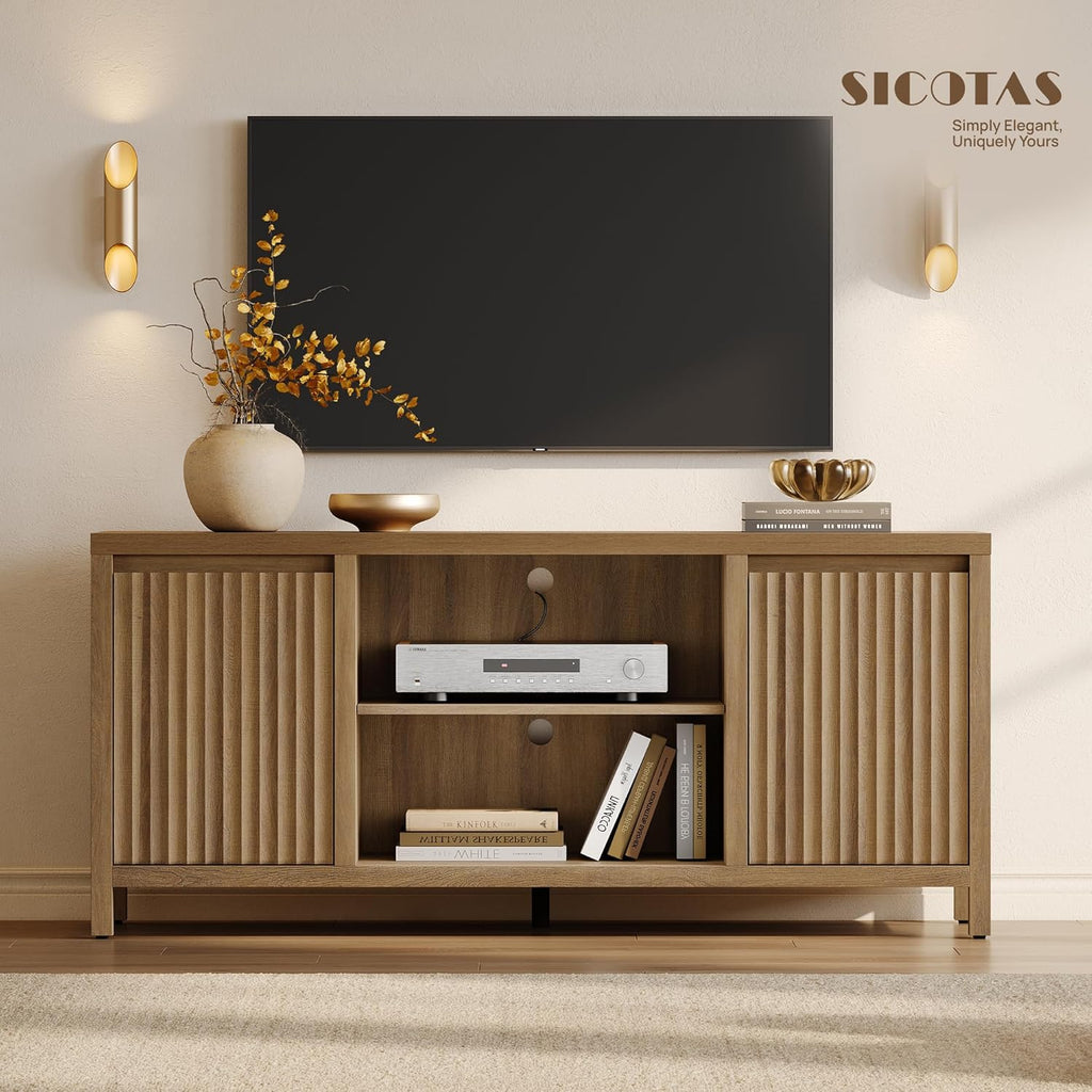 SICOTAS Fluted TV Stand for 55 65 inch TV - Large TV Consoles for Living Room Bedroom, Mid Century Modern Entertainment Center with Storage Cabinet, Wooden Television Stands Media Console, Caramel Oak