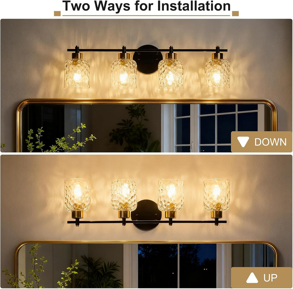 Black Bathroom Light Fixtures, 30.7" 4 Light Black and Gold Vanity Lights for Bathroom Lights with Hammered Glass, Rustic Vanity Lighting Fixtures Over Mirror