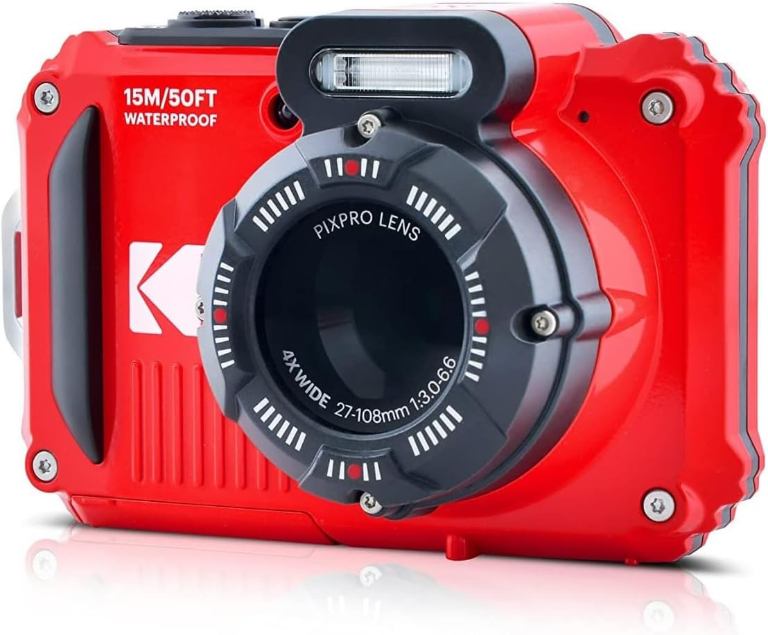 Kodak PIXPRO WPZ2 Rugged Waterproof 16MP Digital Camera with 4X Optical Zoom (Red) with Gadget Bag and Accessory Kit, 32GB UHS-I microSDHC, and Floating Strap Bundle (4 Items)