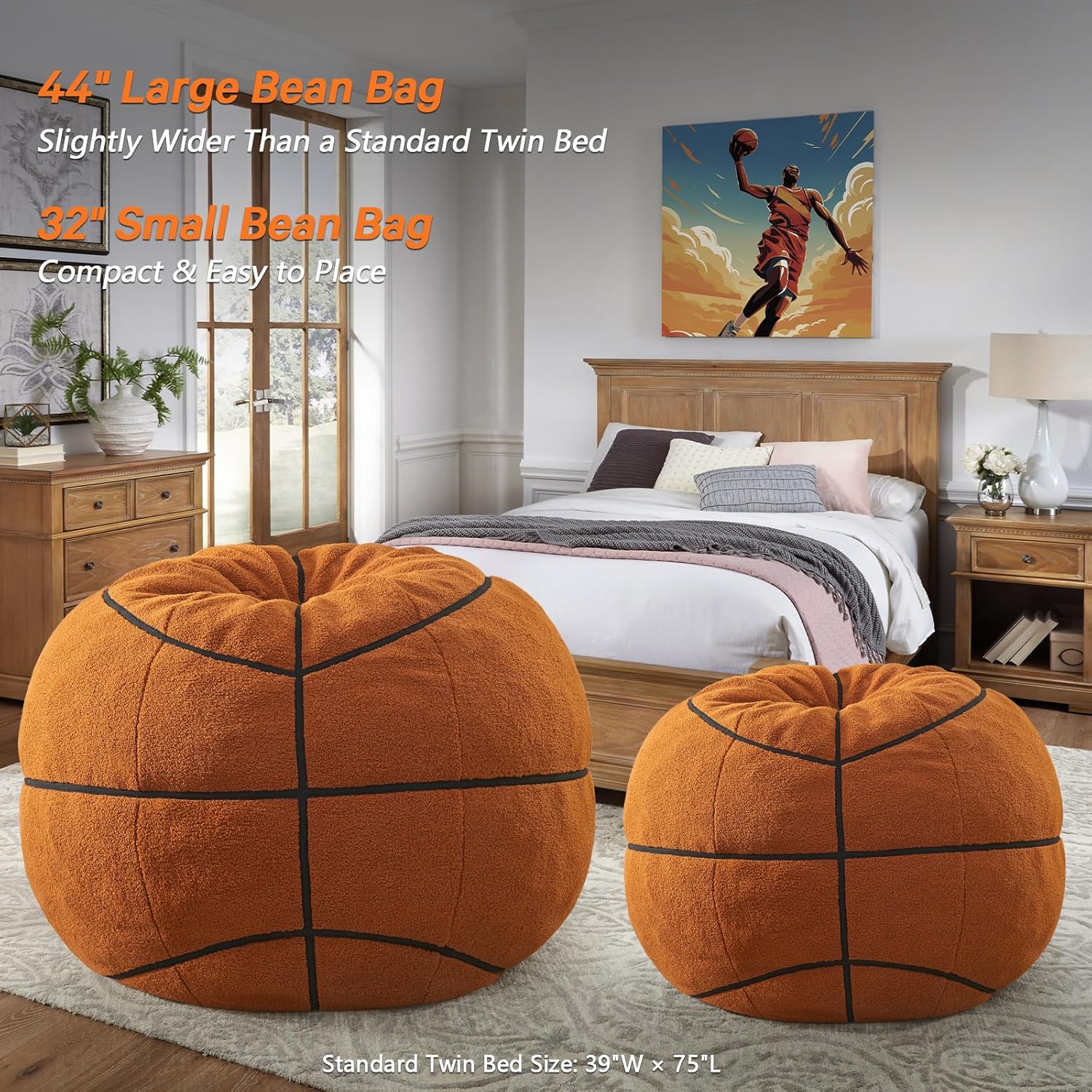 Sports Basketball Bean Bag Chair - Giant Bean Bag Chairs for Adults and Kids - Oversized Bean Bag Sofa Couch with Filler - Plush BeanBag Furniture for Living Room Bedroom Dorm Office - 44 Inch