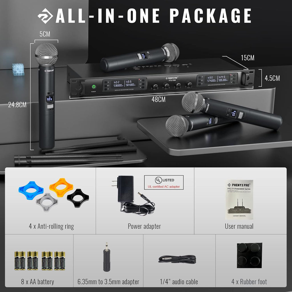 Phenyx Pro Wireless Microphone System, Quad Channel Wireless Mic, w/ 4x40 UHF Frequencies, Auto Scan, 328ft Long Range, 4 Handheld Dynamic Microphone for Singing, Church, Karaoke (PTU-7000-4H)