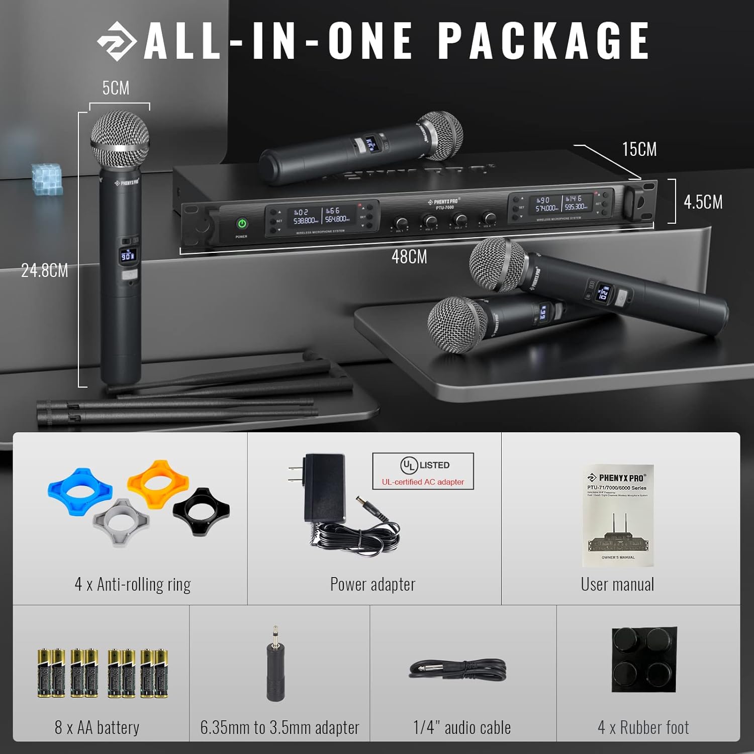 Phenyx Pro Wireless Microphone System, Quad Channel Wireless Mic, w/ 4x40 UHF Frequencies, Auto Scan, 328ft Long Range, 4 Handheld Dynamic Microphone for Singing, Church, Karaoke (PTU-7000-4H)