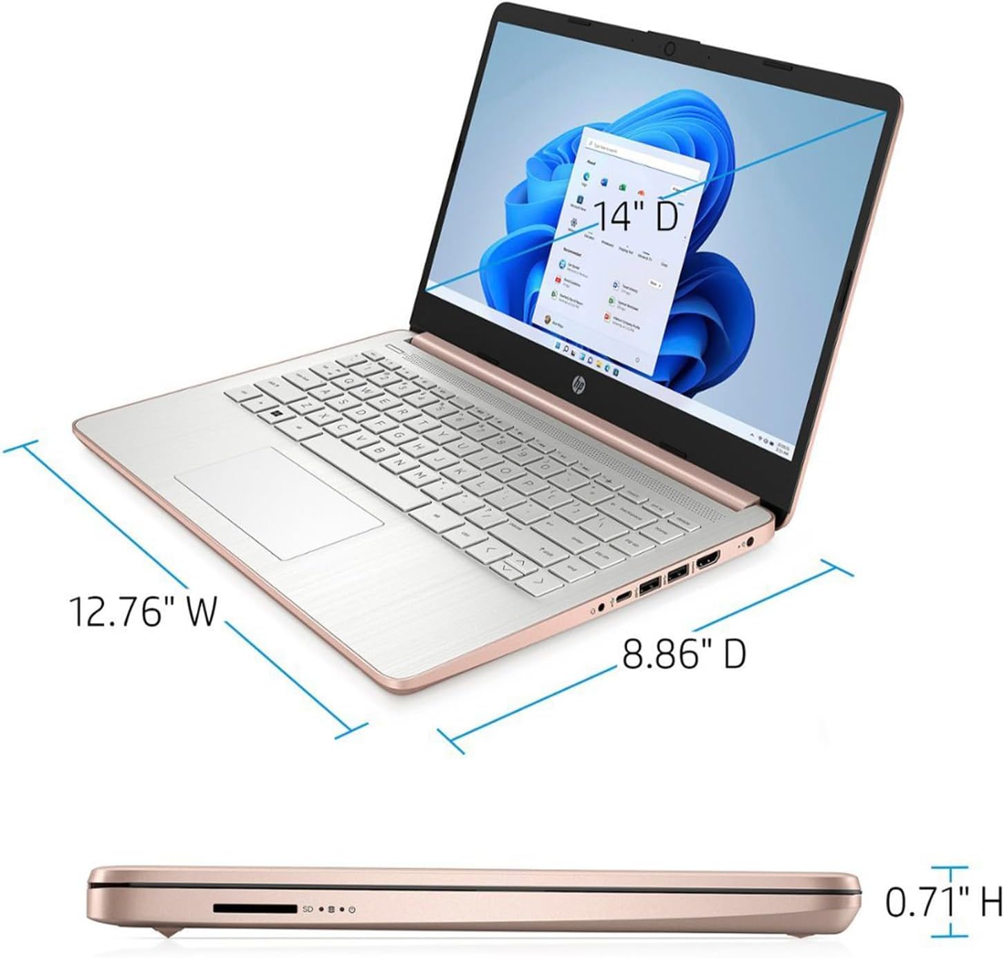 HP Essential Laptop, 14" HD Display, Intel Celeron N4120, 4GB RAM, 64GB eMMC, Webcam, HDMI, Wi-Fi, RJ-45, 1 Year Office 365, Windows 11 Home, Rose Gold