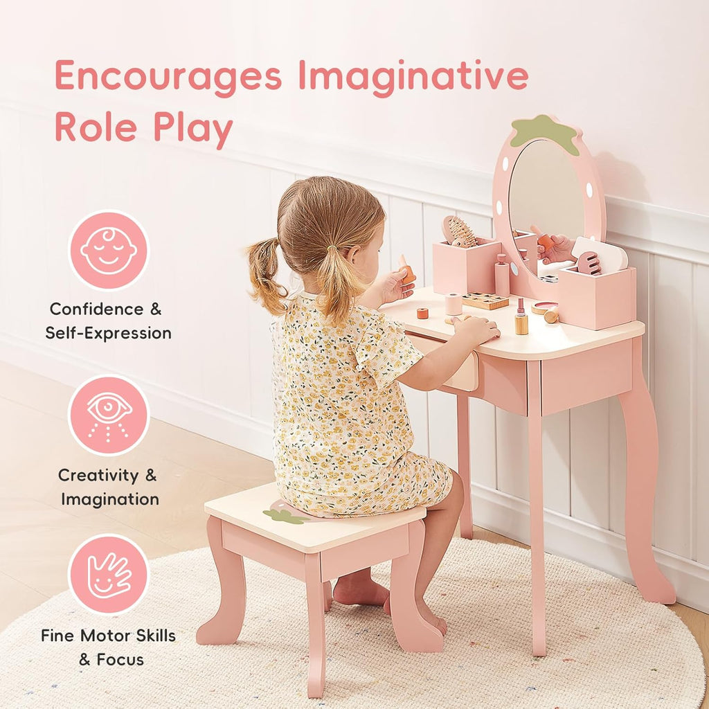 OOOK Toddler Vanity for 3 Year Old, Kids Vanity with Pretend Makeup Accessories, Makeup Table for Kids with Drawer, Pink
