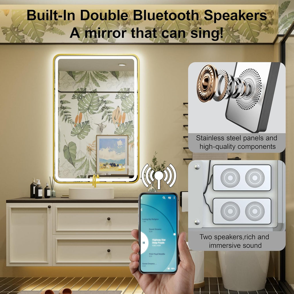 24x36 inch LED Bathroom Mirror with Bluetooth, Adjustable 3000K/4500K/6000K, Stepless Dimming, Anti-Fog, Gold Aluminum Frame Front & Backlit Lighted Wall Mounted Vanity Mirror