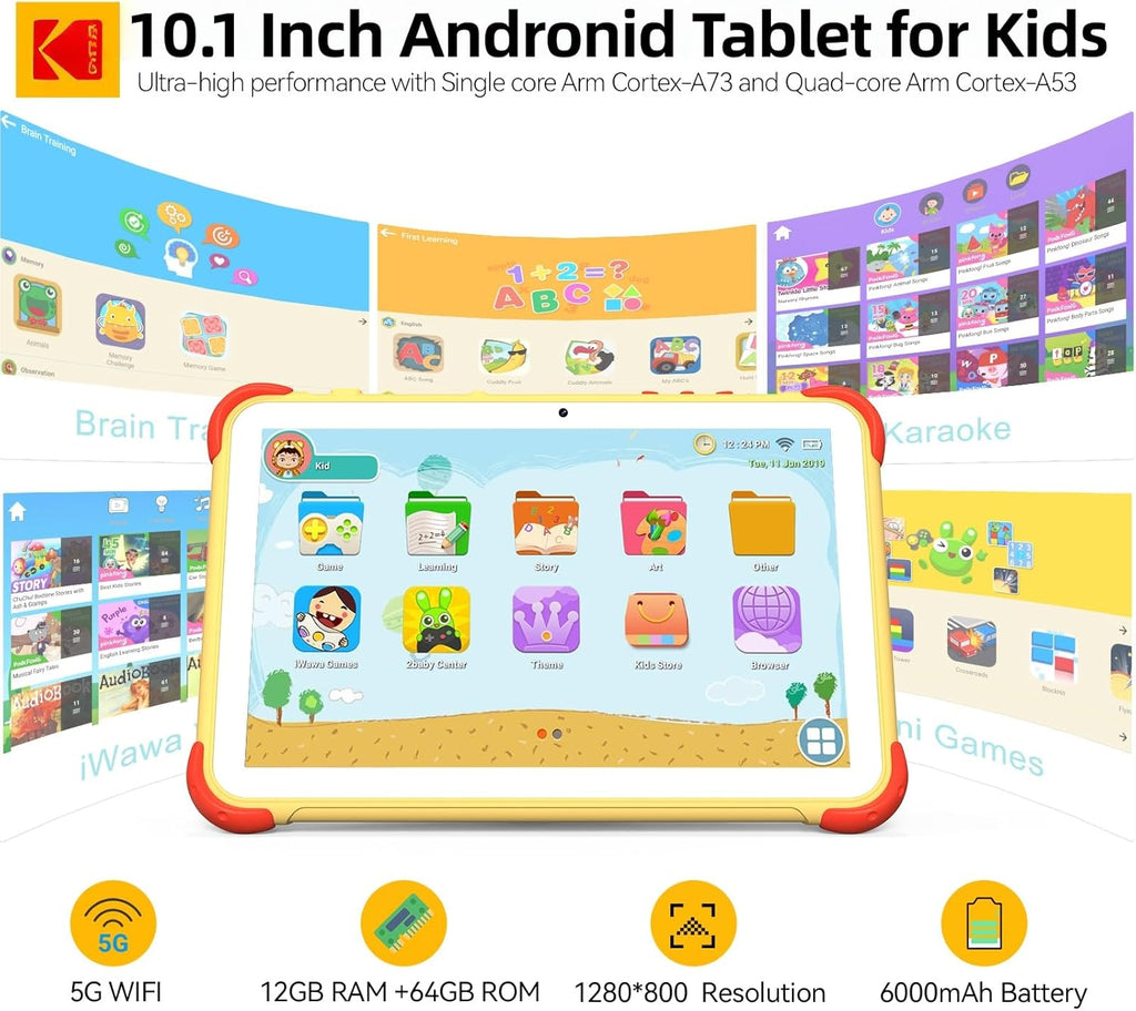 KODAK 10.1 Inch Android 15 Kids Tablet, 12GB RAM+64GB ROM(1TB Expand) Tablet for Kids, 6000mAh Battery, Parental Control, Blue Light Eye Protection, Shockproof Case for Learning
