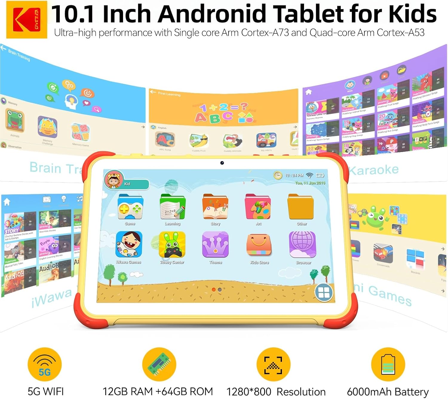 KODAK 10.1 Inch Android 15 Kids Tablet, 12GB RAM+64GB ROM(1TB Expand) Tablet for Kids, 6000mAh Battery, Parental Control, Blue Light Eye Protection, Shockproof Case for Learning