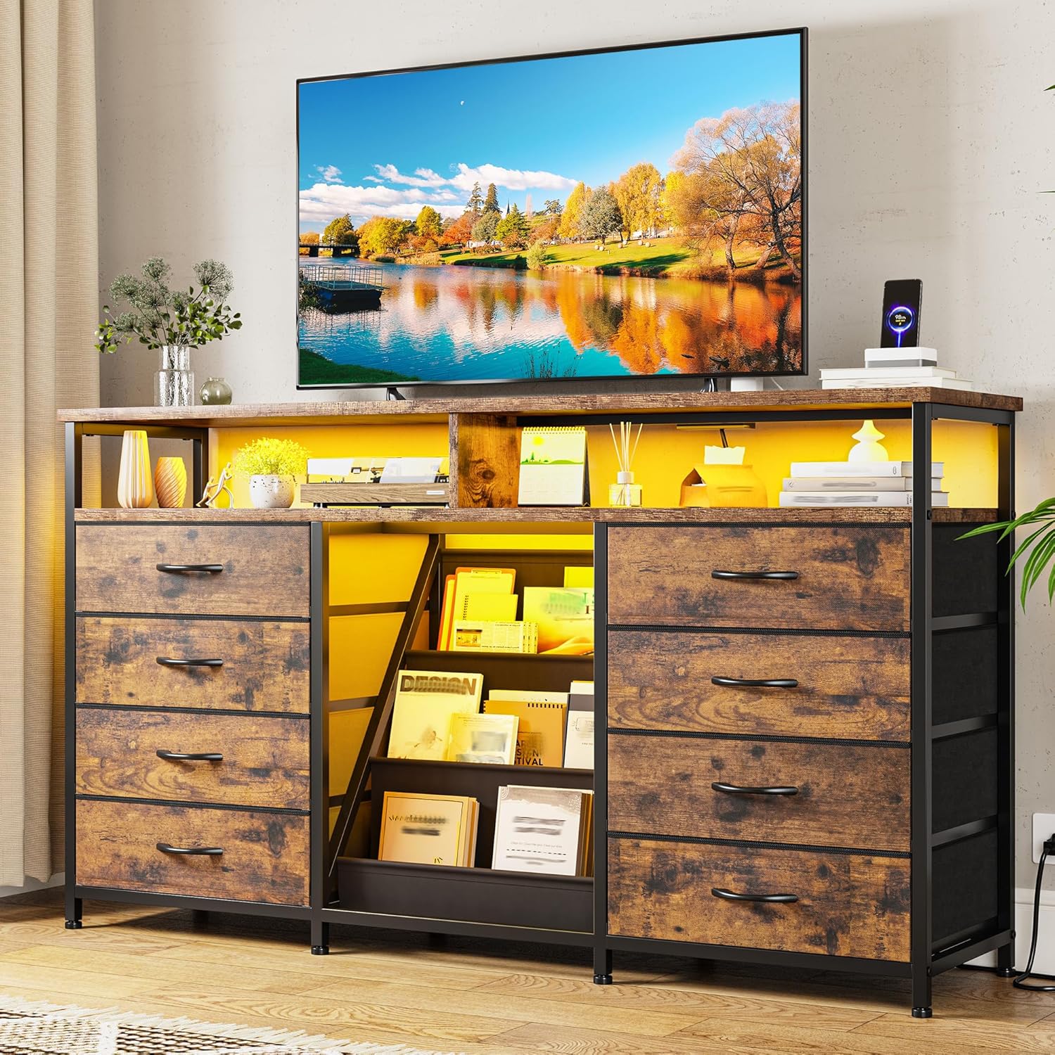 EnHomee 55 ” W Dresser for Bedroom with Bookrack & 8 Fabric Drawers, Dresser TV Stand with Power Outlet & LED Lights for 65 Inch TV, Chest of Drawers for Cabinet, Entryway,Rustic Brown