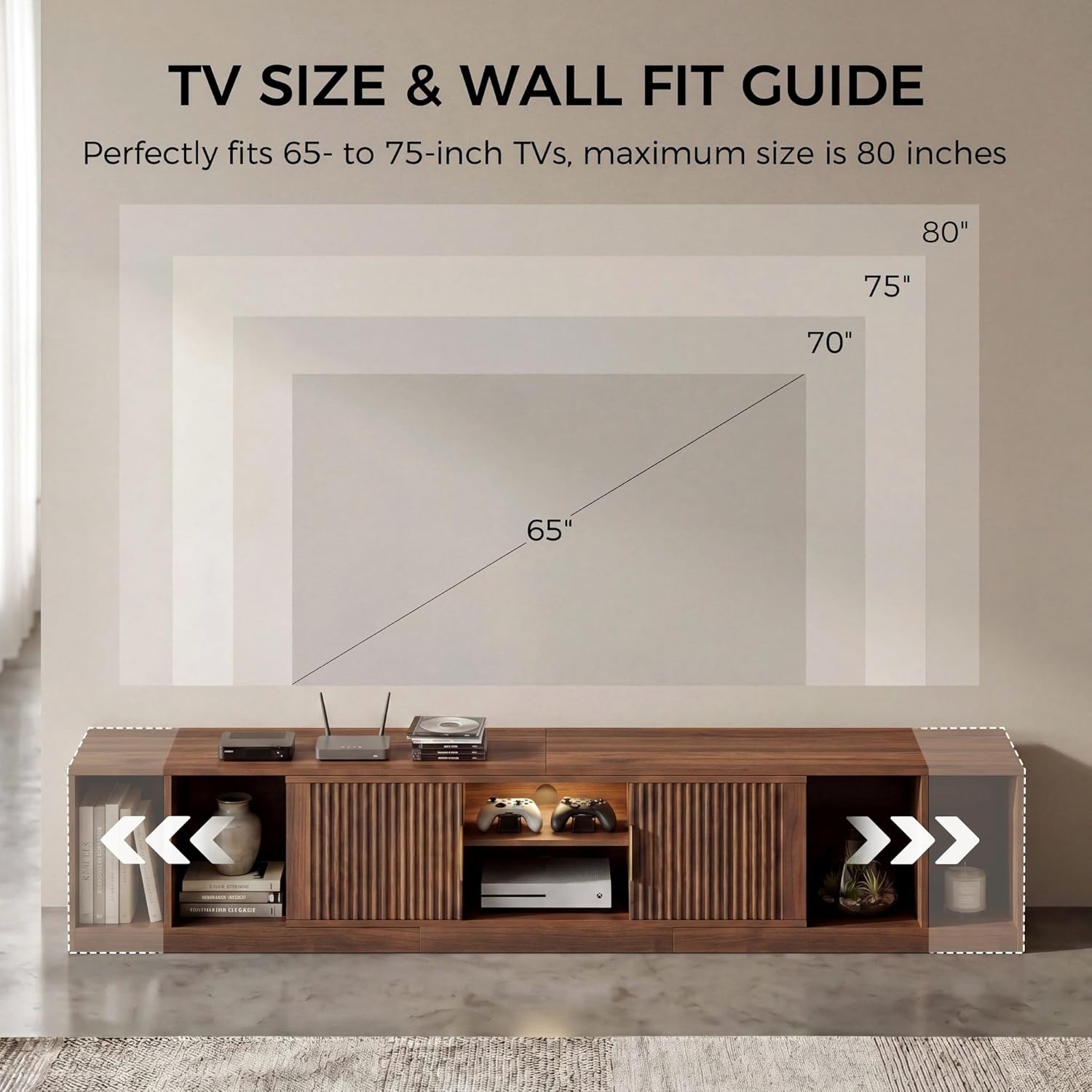 IRONCK TV Stand for 55-80 Inches TVs, 63"-84.6" Adjustable Length, Extendable Corner Entertainment Center with Storage Cabinets, Fluted Doors Modern Media Console, Ideal for Living Room, Walnut