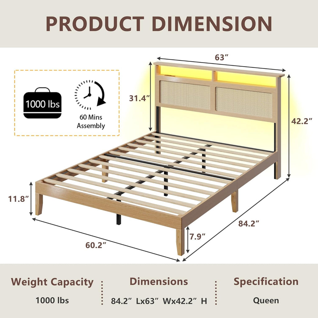 OURPIC Queen Bed Frame with Rattan Headboard, Wicker Bedframe with Charging Station and LED Lights, Boho Queen Bed with Storage Shelf, Solid Wood Support, Easy Assembly