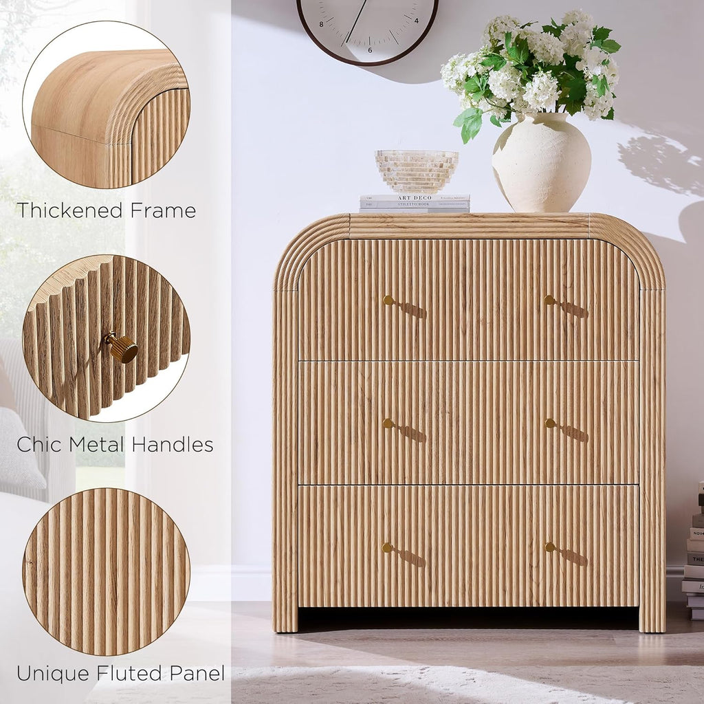T4TREAM 32" Fluted Nightstand Set of 2, Large 3 Drawers Bedside Table with Charging Station, Modern End Table with Storage Night Stand for Bedroom, Living Room, Round Curved Corner Design, Natural Oak