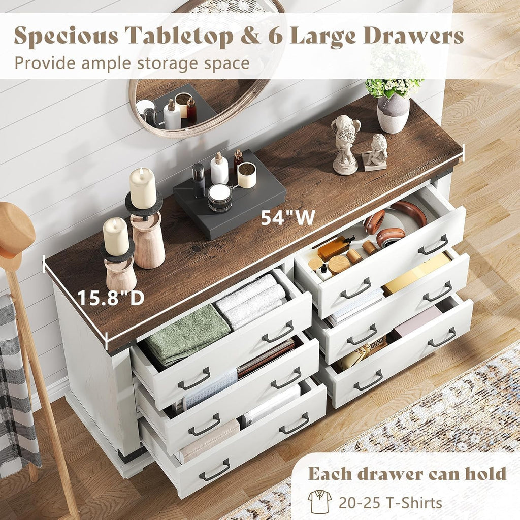 AMERLIFE Farmhouse 2-Pieces Wood Bedroom Set, Including Rustic King Size Bed Frame with 51" Tall Headboard, 6 Drawers Large Dresser Chests, Heavy-Duty Thick Plank Styling, Antique White