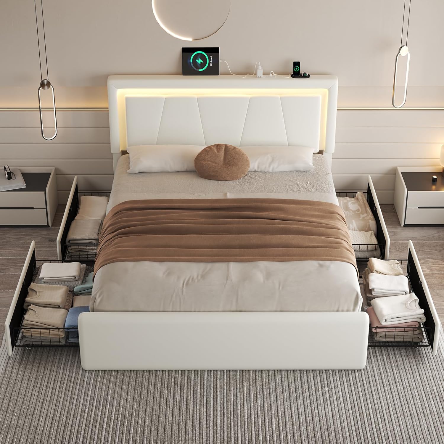LoVinson Queen Size Bed Frame with 4 Storage Drawers, Charging Station and LED Light, Adjustable Upholstered Headboard, Noise-Free, No Box Spring Needed, Easy Assembly, White