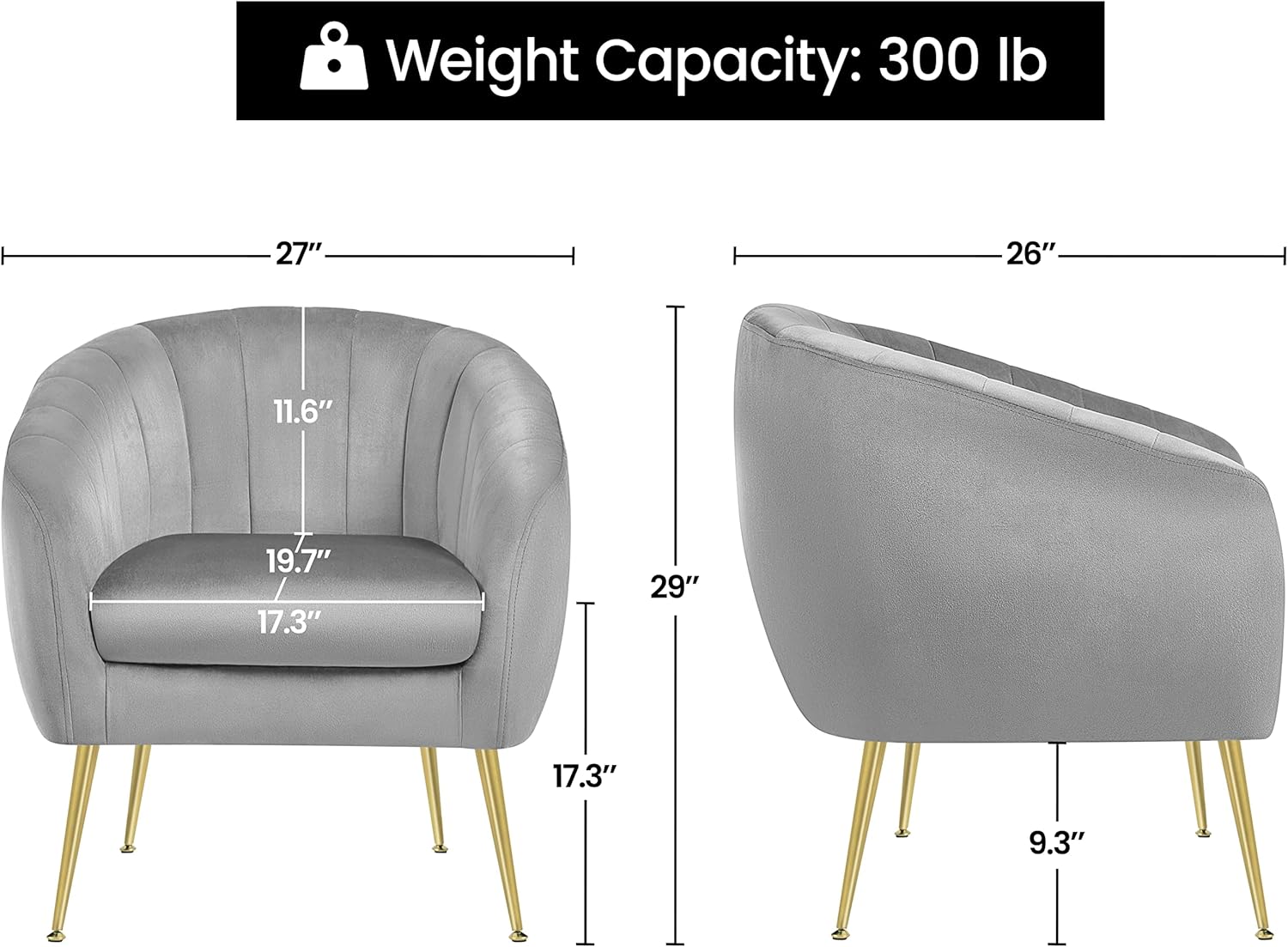 Yaheetech Accent Chair, Modern Barrel Vanity Chair with Gold Metal Legs, Tufted Accent Armchair for Living Room/Bedroom/Office/Makeup Room Gray, Set of 2
