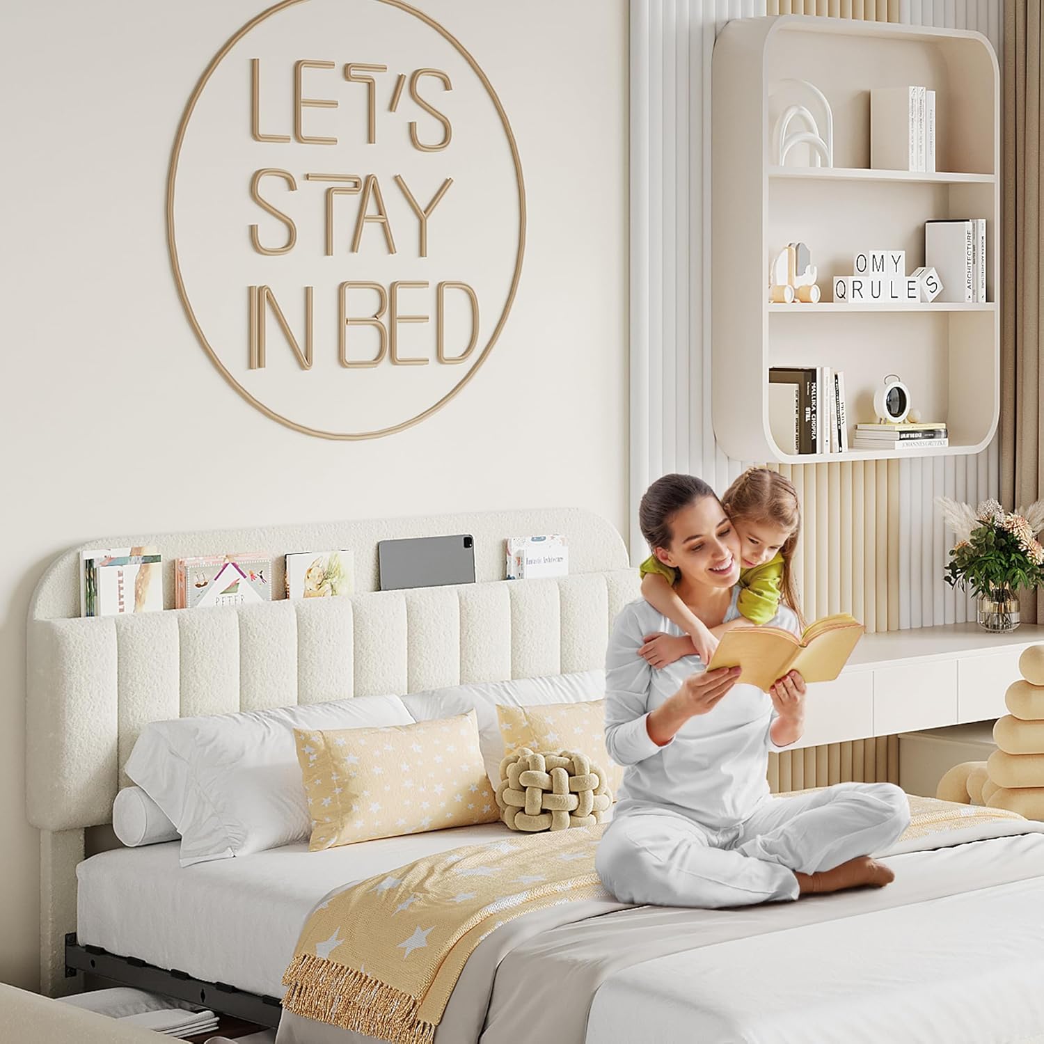 Garvee Full Size Bed Frame with 2 Flexible Drawers, Boucle Upholstered Platform Bed Frame with Bookcase Headboard, Bedframe for Kids/Girls, Easy Assembly, No Box Spring Needed, Noise Free, Beige