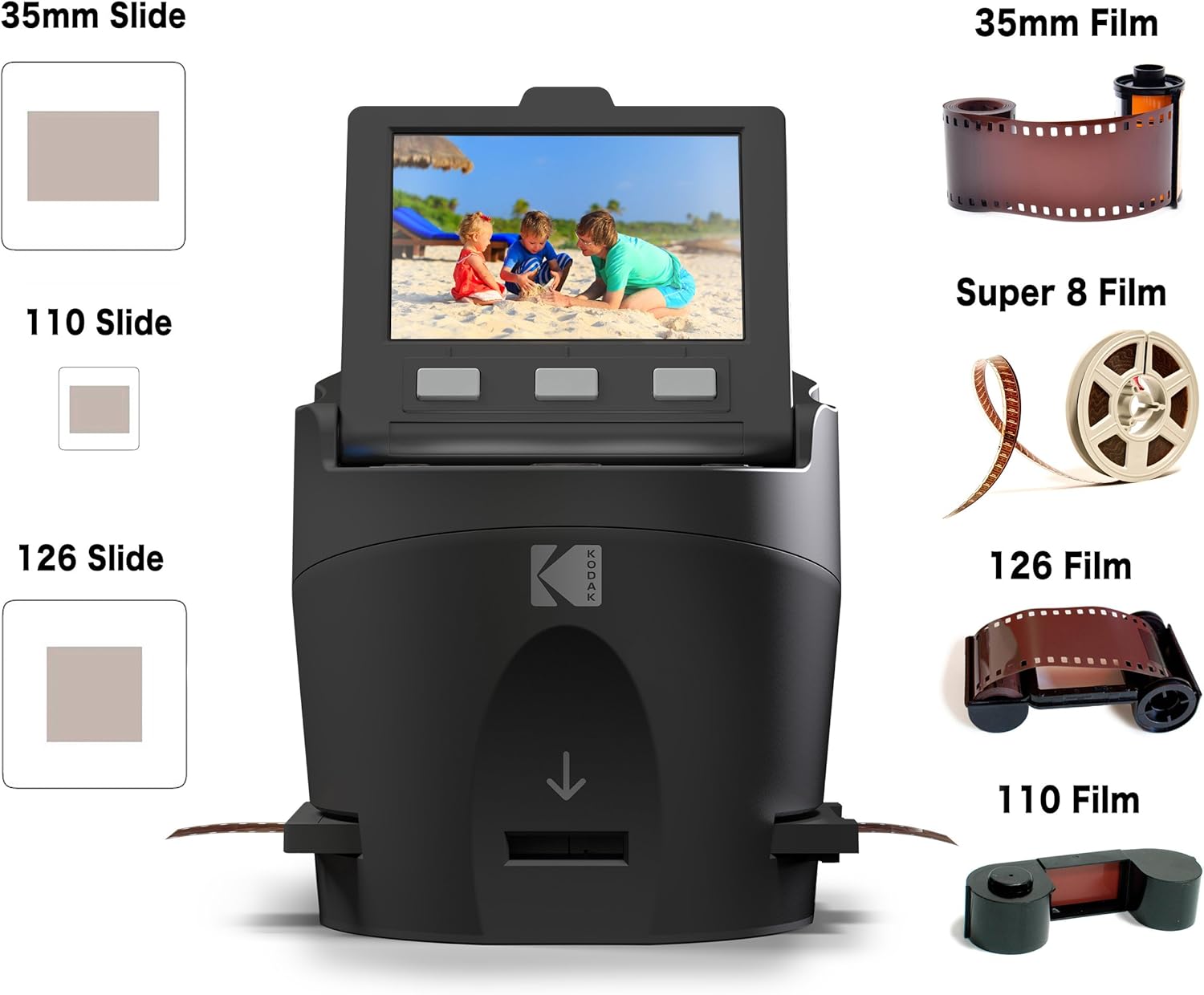 Kodak SCANZA Digital Film & Slide Scanner – Converts 35mm, 126, 110, Super 8 & 8mm Film to JPEG with 3.5" LCD, Easy-Load Inserts & Adapters