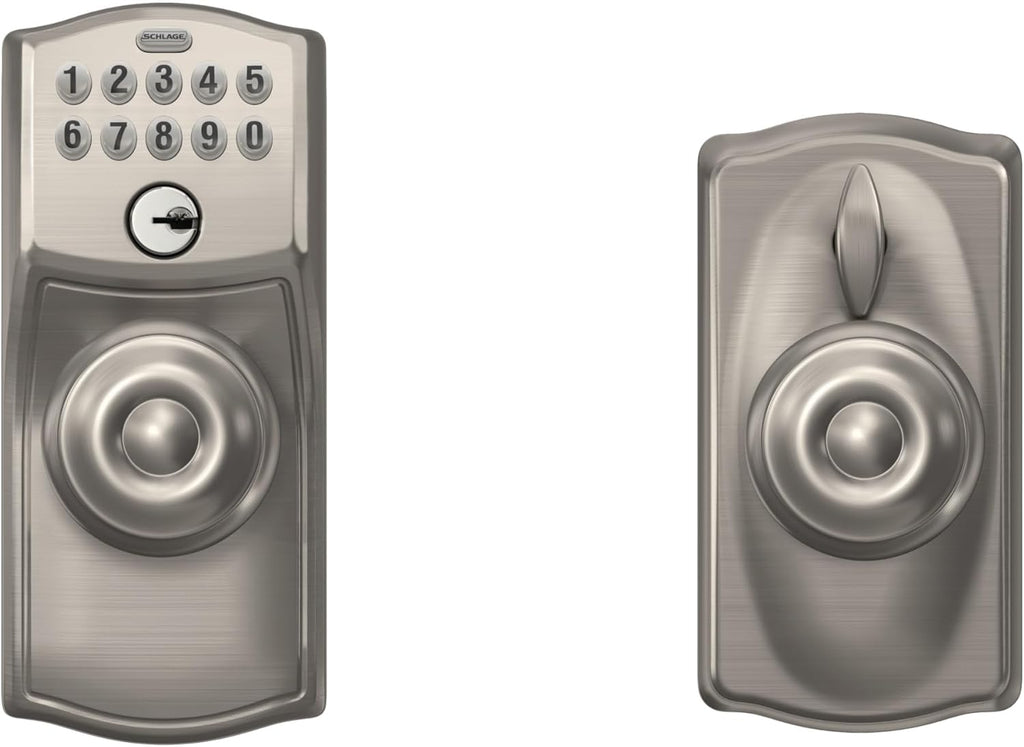 Schlage Camelot Keypad Lock with Knob, Electronic Keyless Door Entry, Flex Lock Auto‑Lock Option, Satin Nickel, FE595 CAM 619 GEO