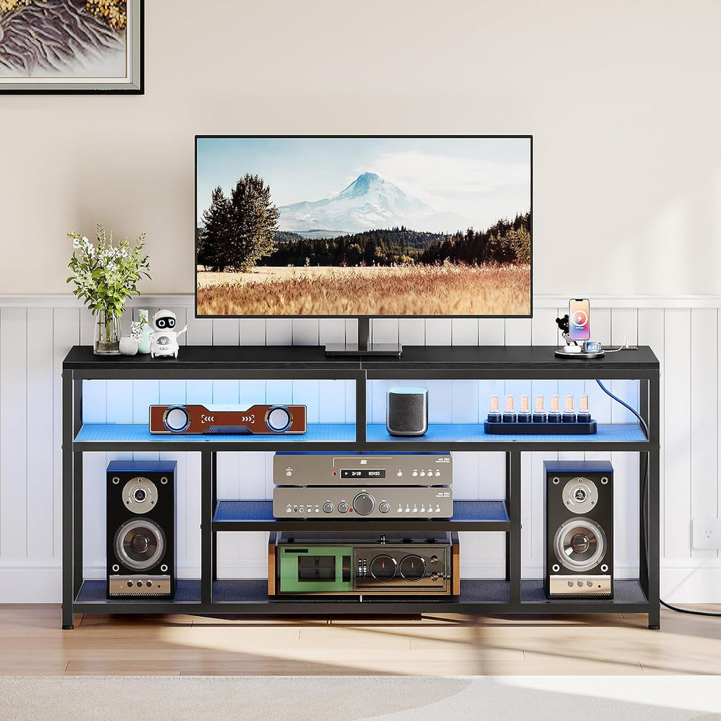 HOOBRO LED TV Stand with Charging Station, 4-Tier Entertainment Gaming Center, Modern Media Console Table, Open Shelves, 55.1"L x 13.8"W x 26.2"H, for TVs up to 65", for Living Room, Black BB47UDDS01