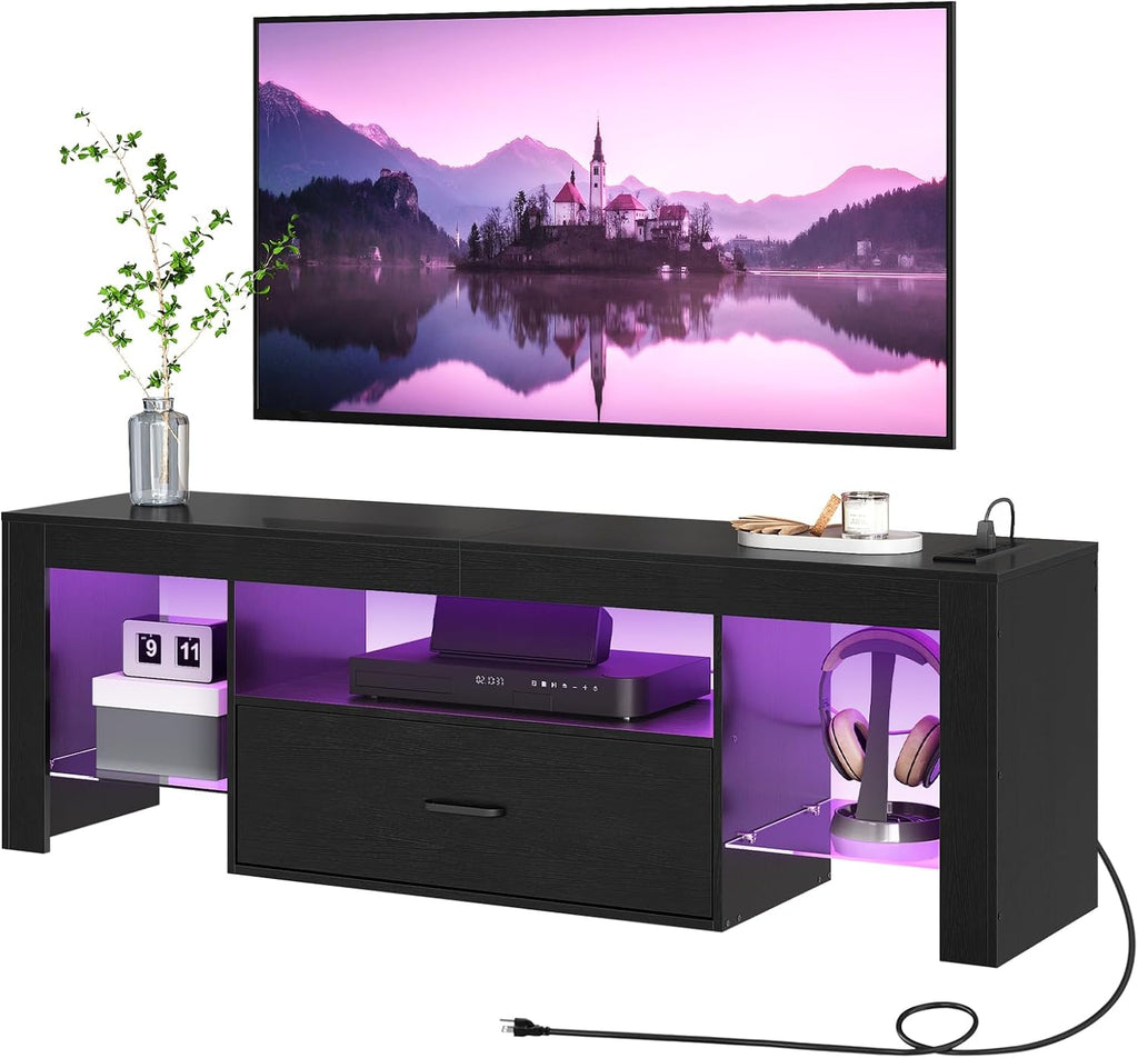 HOOBRO LED TV Stand with Power Outlets to 65 inch TV, Gaming Entertainment Center with Glass Shelves and Large Drawer, Modern Media TV Console Table for Living Room Bedroom, Black BB14UDDS01G1