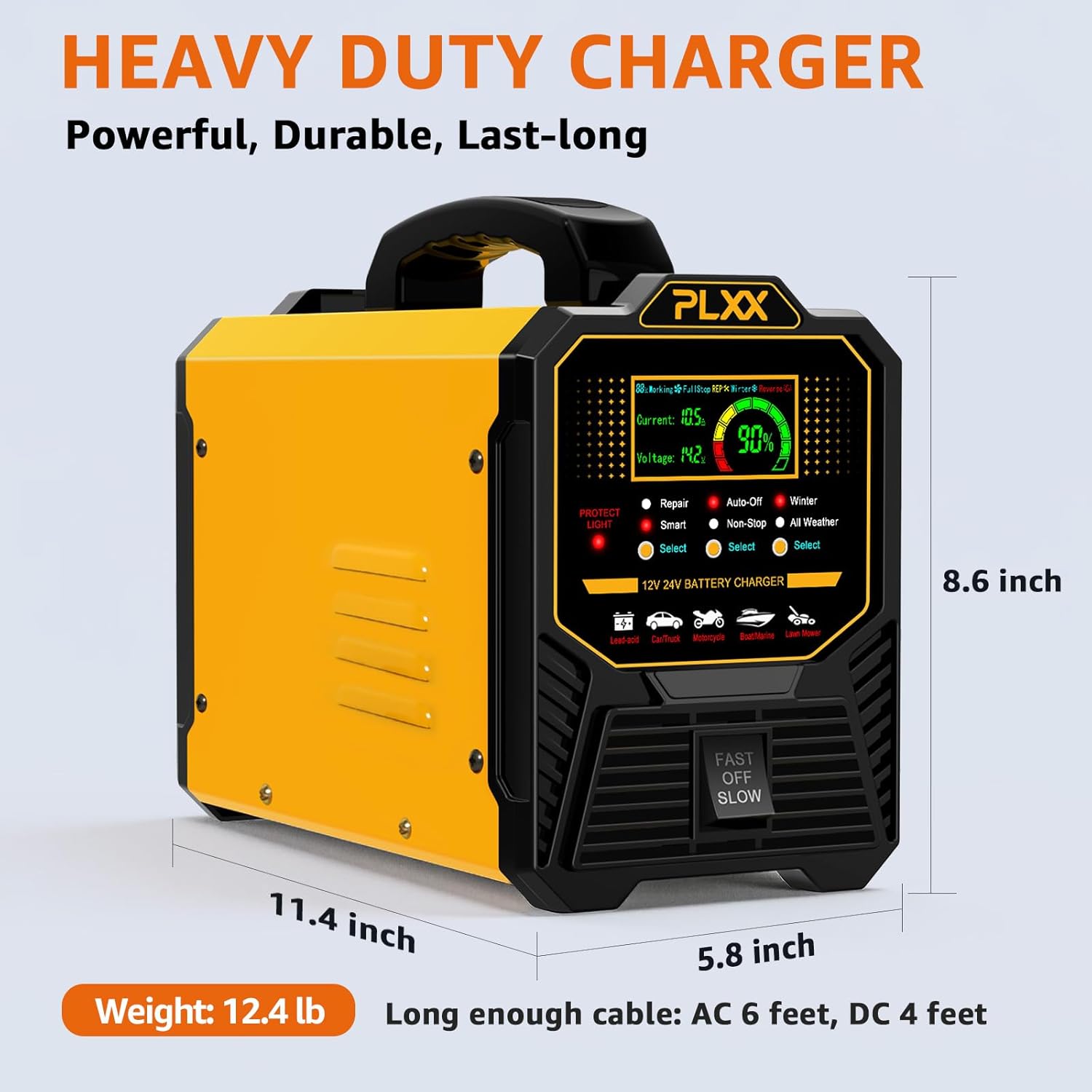 PLXX 12V 24V Car Battery Charger Heavy Duty 0-15A Automatic Smart Trickle Charger with Auto Shutoffs, Repair, Winter Mode, for Automotive Car Truck Motorcycle Lawn Mower Boat Marine AGM
