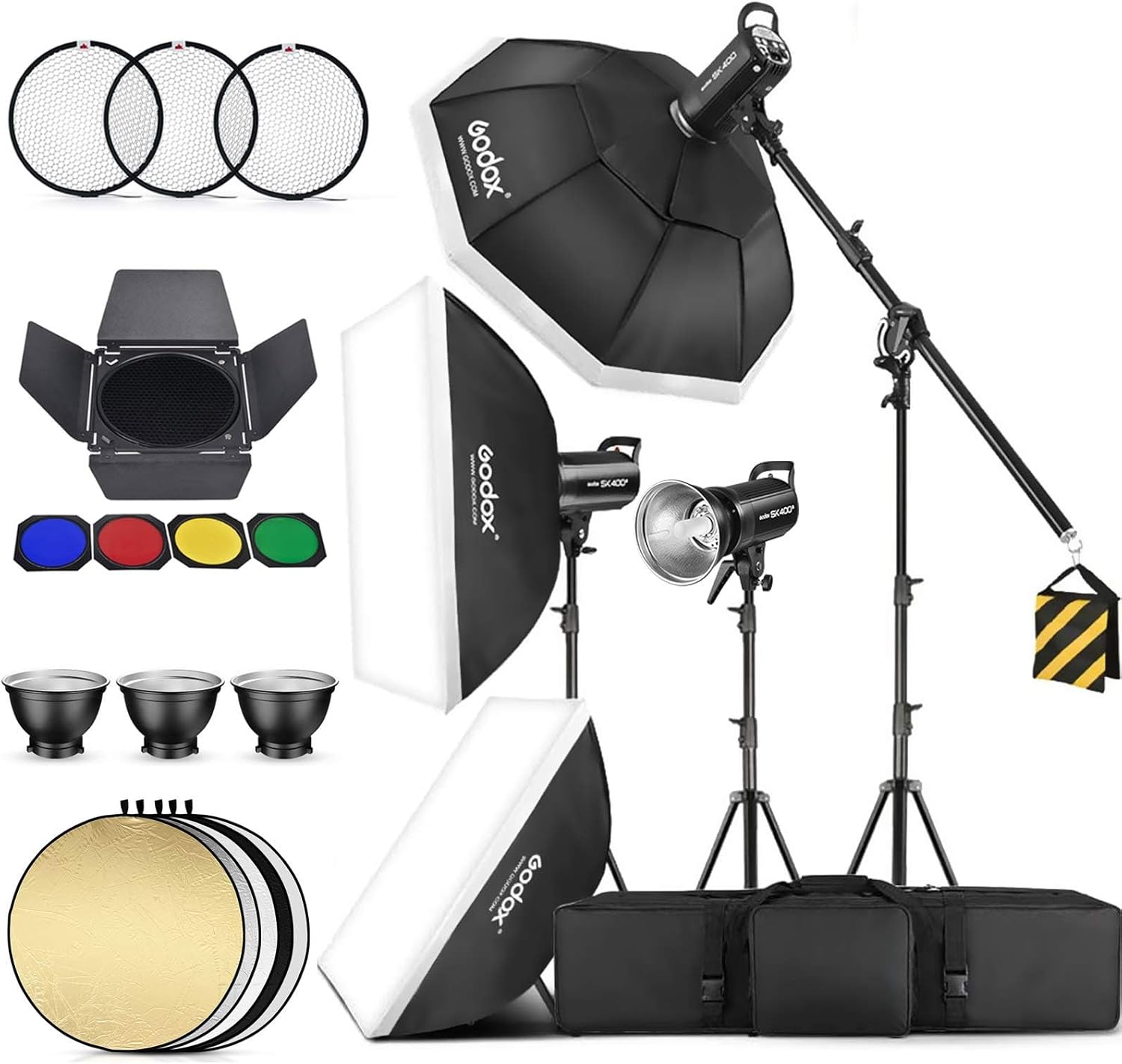 Godox 3 Pack SK400II 1200Ws 2.4G Speedlite Studio Flash Strobe Monolight Bowens Mount Kit for Studio Shooting, Location and Portrait Photography with Softbox, Light Stand, Barn Door Kit, Carrying Case