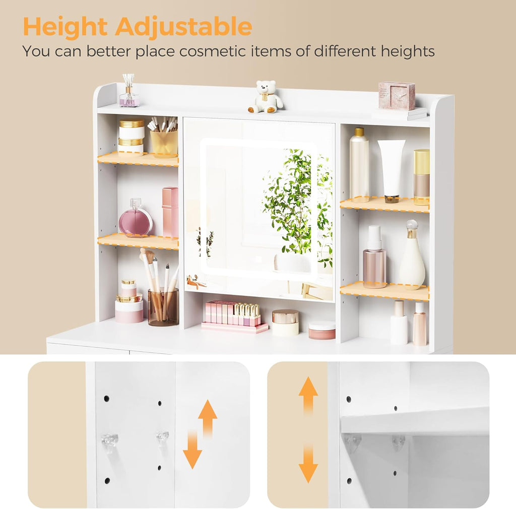 BEWISHOME Vanity Desk with Mirror and Lights, Makeup Vanity Table with Power Outlet,Stool Vanity Table with 9 Drawers 6 Storage Shelves Jewelry Storage,Dressing Table for Bedroom Girls White FST36W