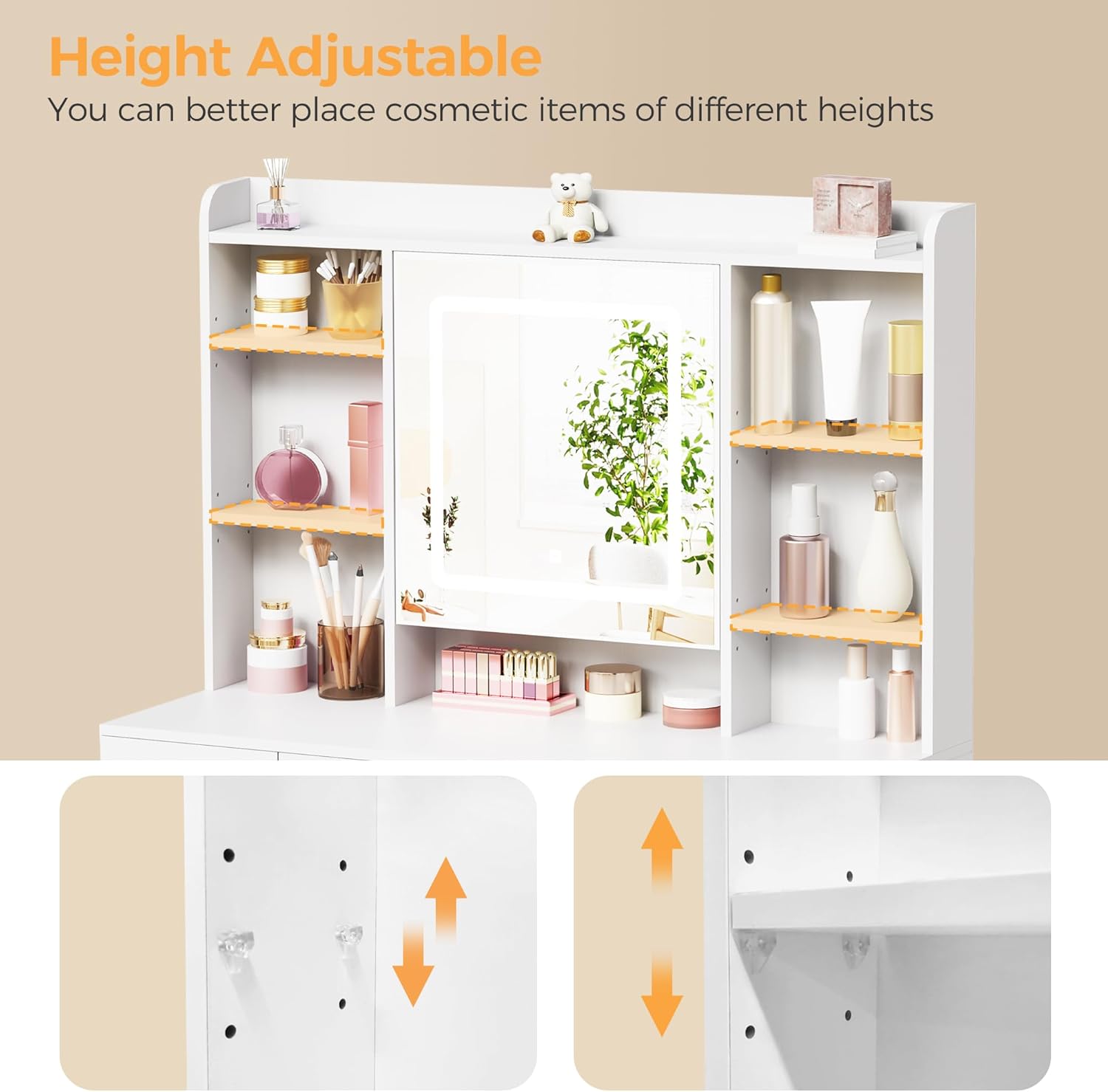 BEWISHOME Vanity Desk with Mirror and Lights, Makeup Vanity Table with Power Outlet,Stool Vanity Table with 9 Drawers 6 Storage Shelves Jewelry Storage,Dressing Table for Bedroom Girls White FST36W
