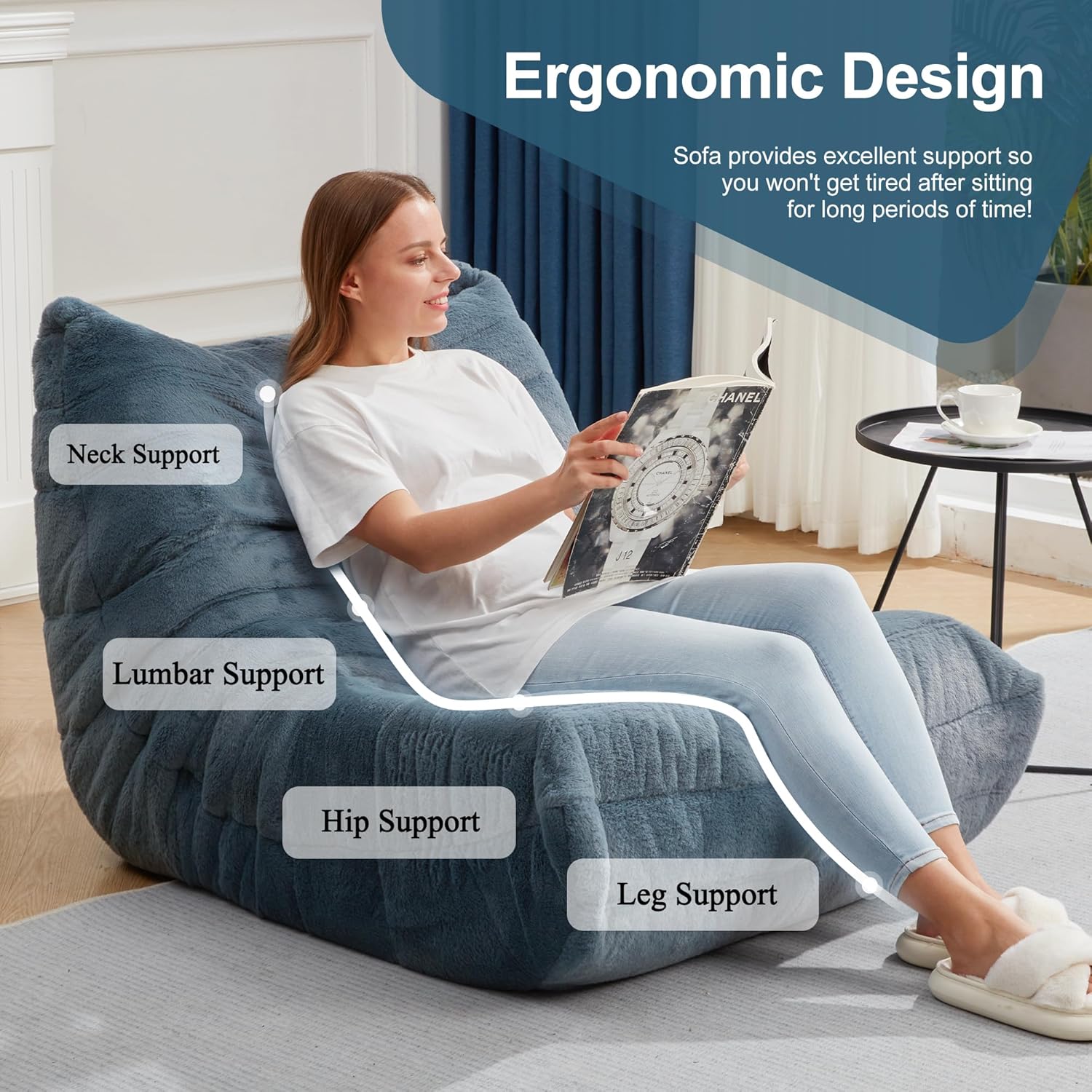 Bean Bag Chairs for Adults Giant Bean Bag Chair Memory Foam BeanBag Chair Bean Bag Sofa with Filler Faux Fur Fireside Beanbags Lazy Sofa for Living Room Bedroom Office (Bluegrey Plush, Single)