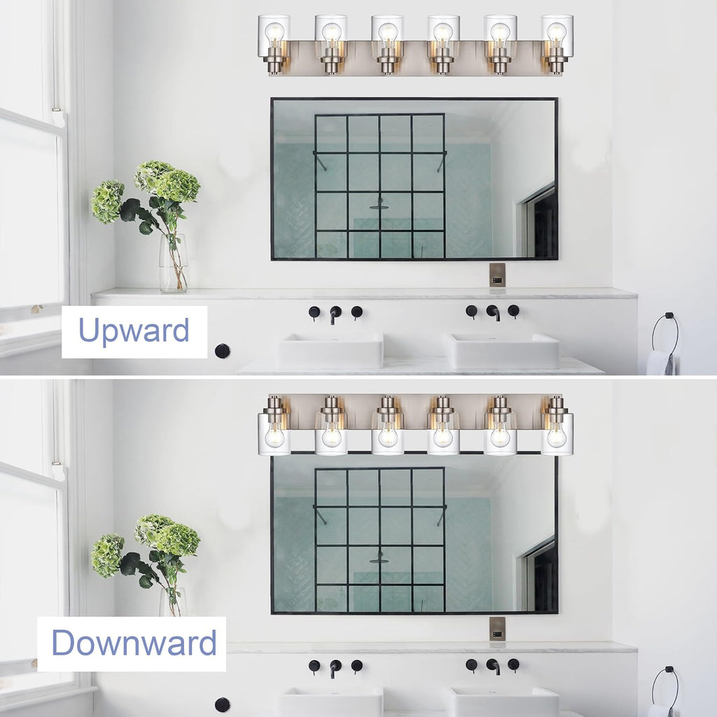 6 Light Vanity Light Brushed Nickel Bathroom Lighting Fixtures Over Mirror, Modern Bathroom Light with Clear Glass Shade, Farmhouse Vanity Lights