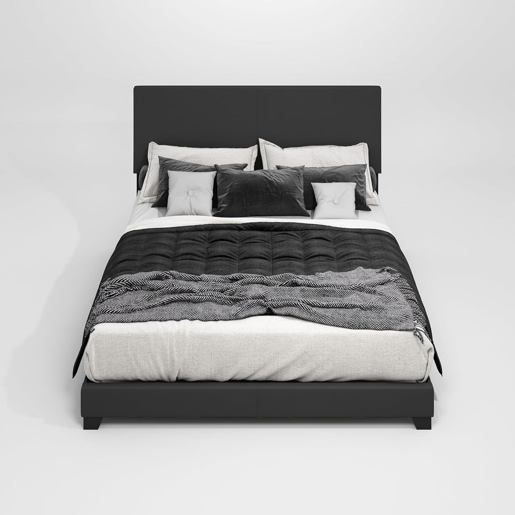 Furinno PESSAC Bed Frame, California King Size Bedframe with PU Leather Upholstery Headboard, Bed with Legs, Wooden Slat Support, Easy Assembly, for Bedroom, Dorm, Plain Black